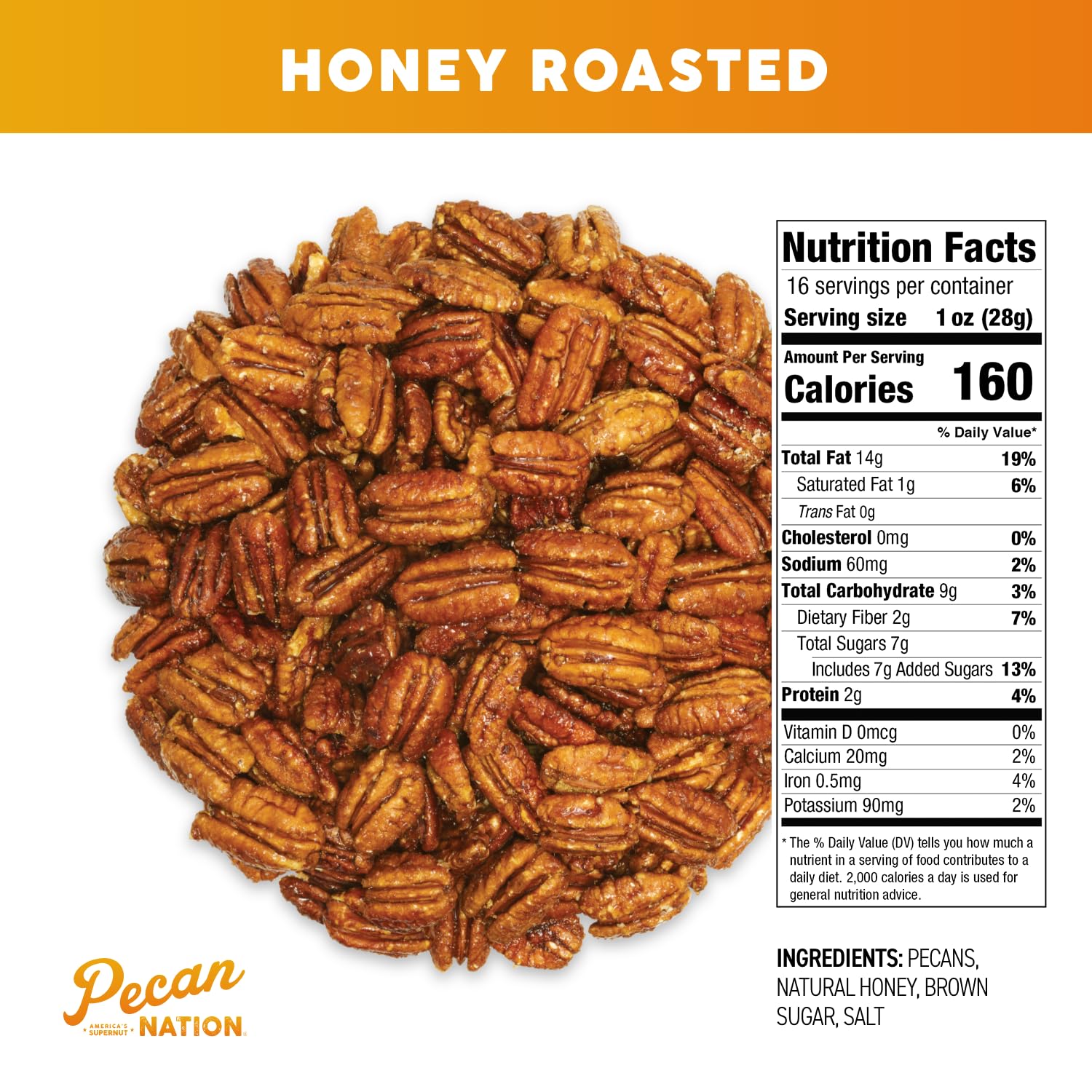 Pecan Nation Honey Roasted Georgia Pecans, 16 oz., Natural, No Preservatives, Anti-oxidant Rich, Non-GMO, Irresistible Healthy Snacking Pecans
