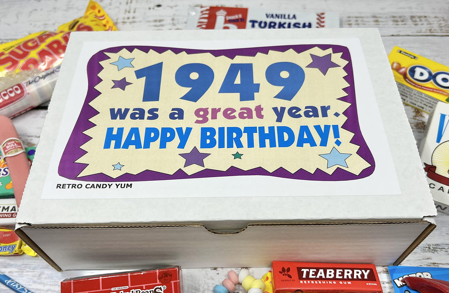 RETRO CANDY YUM ~ 1949 77th Birthday Gift Box of Nostalgic Candy Assortment from Childhood for 77 Year Old Men and Women Born 1949 Jr