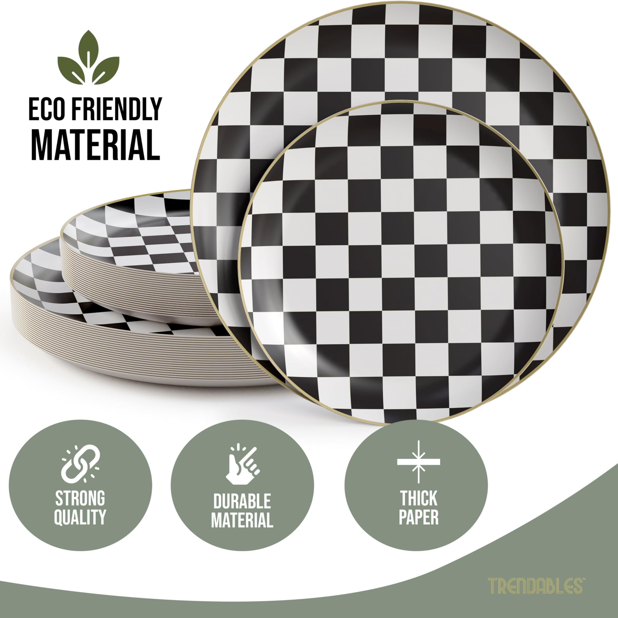 Trendables Heavy Duty Paper Plates Bulk 40 Pcs Disposable Party Plates - 20 X 8 Inch Dessert Plate & 20 X 10 Inch Paper Plate Checkered decor, black