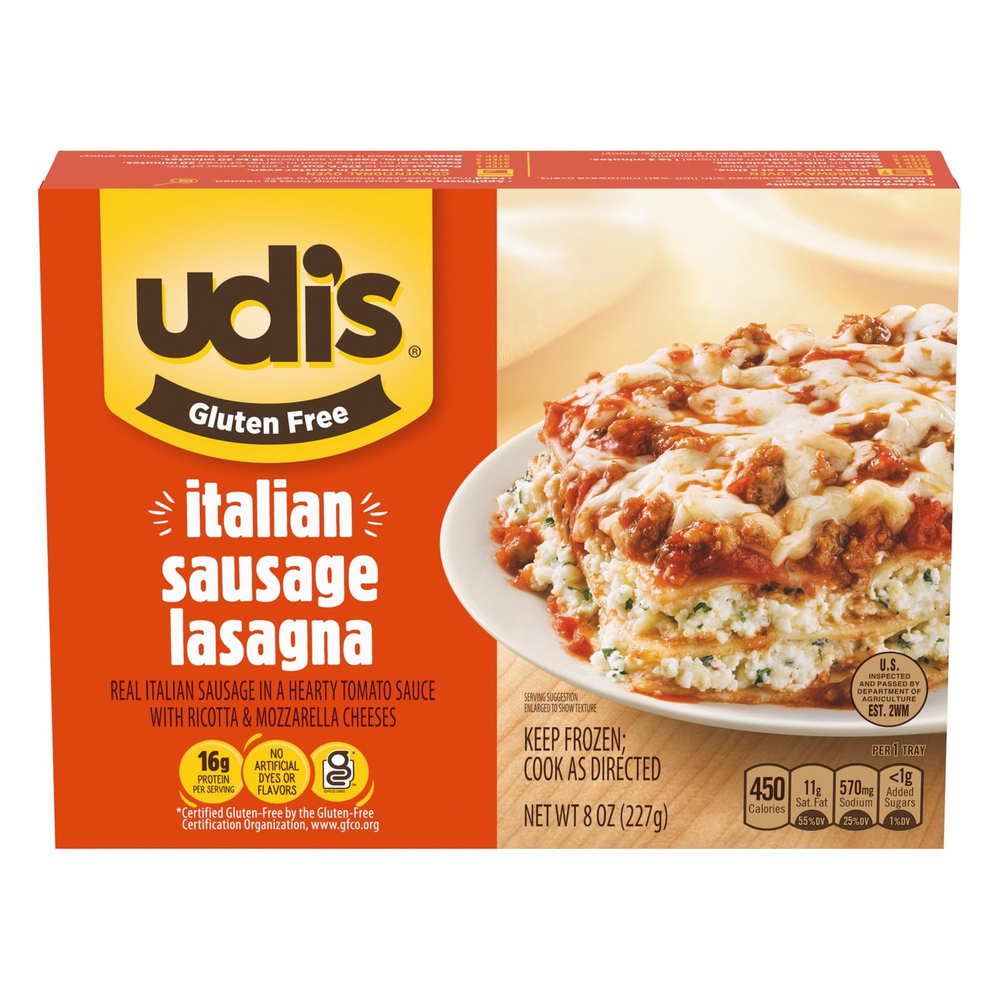 Udi's Gluten Free Italian Sausage Lasagna, Frozen, 8 oz.