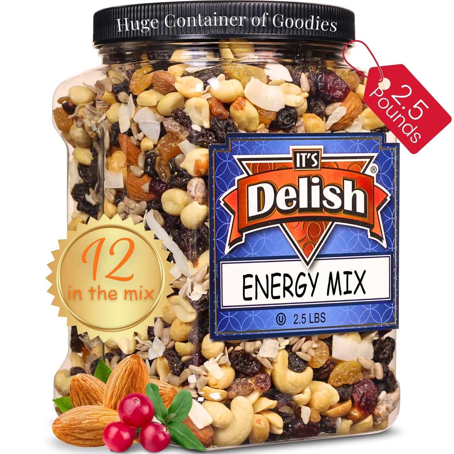 Energy Mix Fruit and Nut Trail Mix by Its Delish - 2.5 lbs (40 Oz) Jumbo Reusable Container Jar - Energy Boost with Proteins, Fibers, and Vitamins
