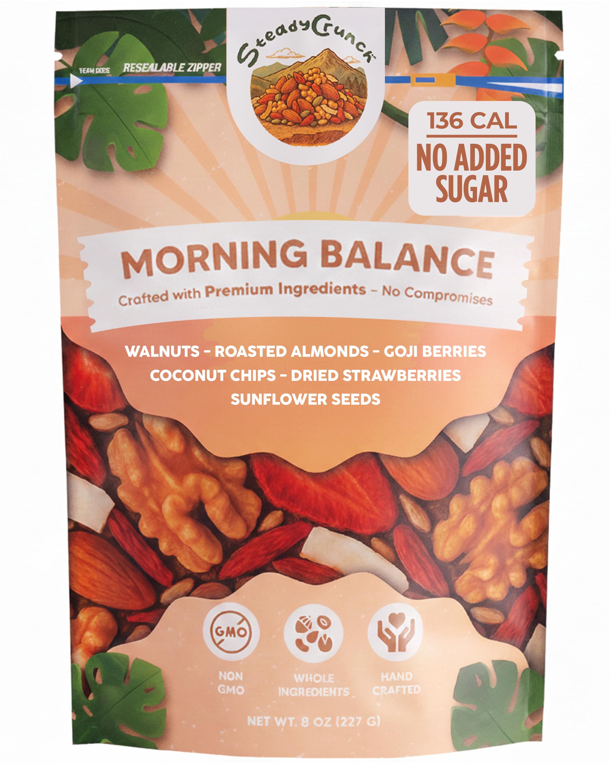 SteadyCrunch Morning Balance Trail Mix - Non-GMO & Vegan Healthy Fruit Snacks - Walnuts, Roasted Almonds, Strawberry & Goji Berry Snack Packs