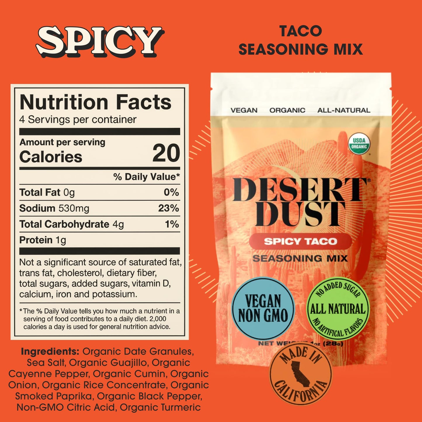 Desert Dust Spicy Taco Seasoning | Bold & Smoky Organic Southwest Spice Blend for Tacos, Fajitas, Grilled Meats & Vegetables | Gluten-Free, Vegan