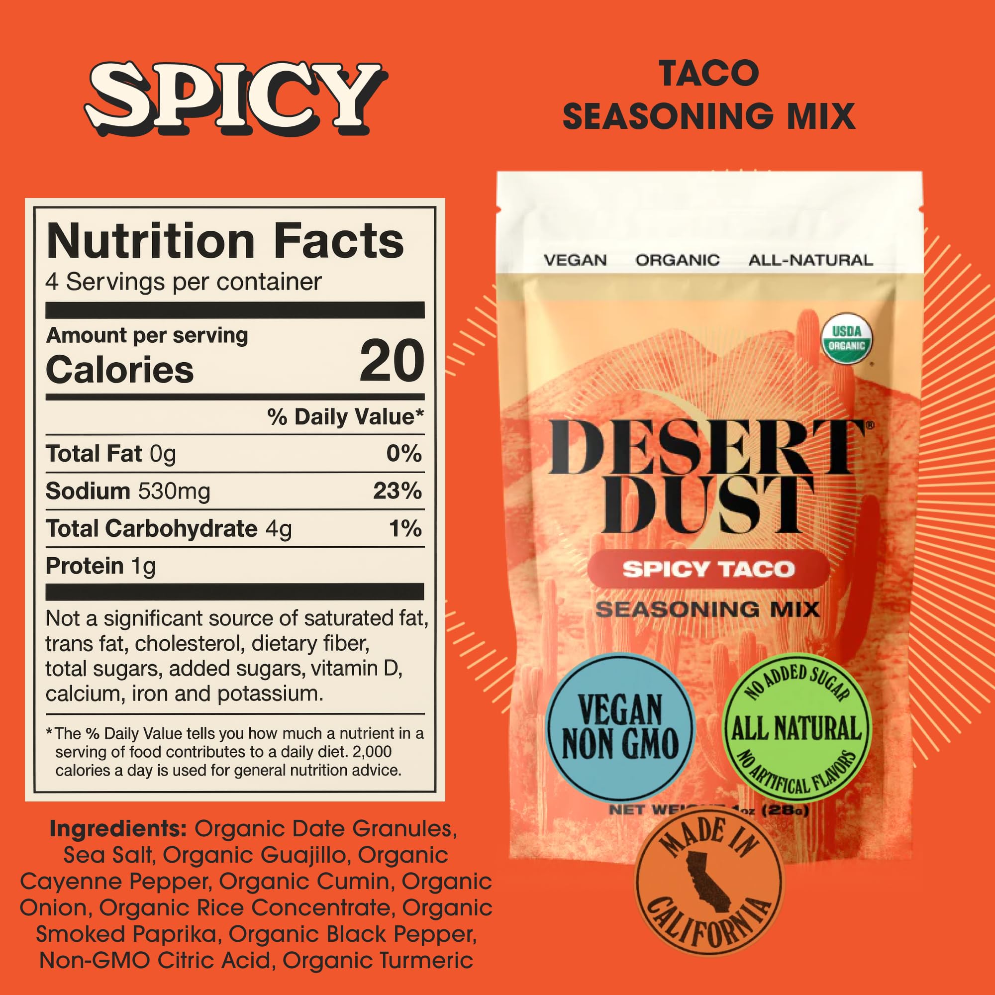 Desert Dust Spicy Taco Seasoning | Bold & Smoky Organic Southwest Spice Blend for Tacos, Fajitas, Grilled Meats & Vegetables | Gluten-Free, Vegan