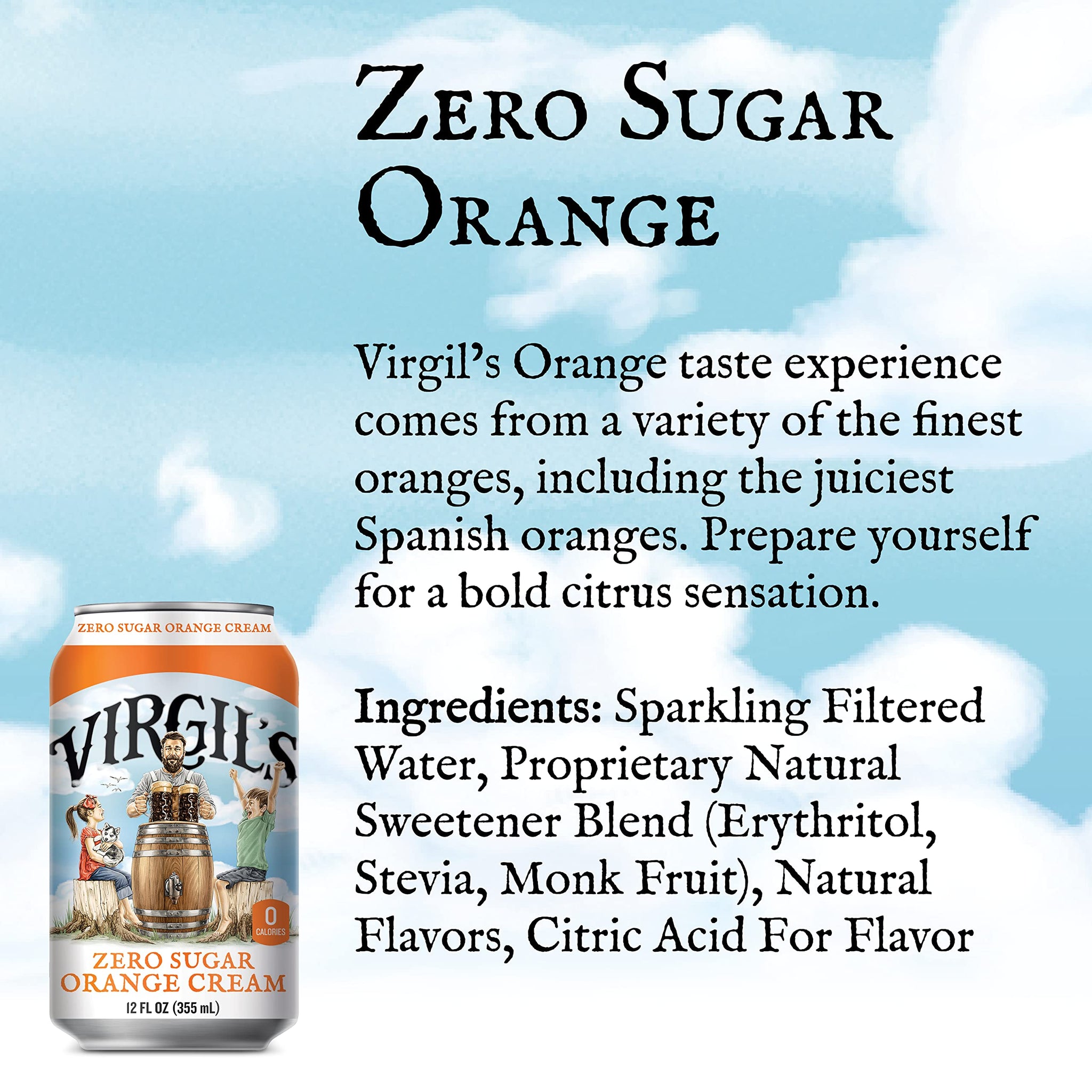 Virgil's New All-Natural Zero Sugar Orange Soda, 12-oz (24 Cans)
