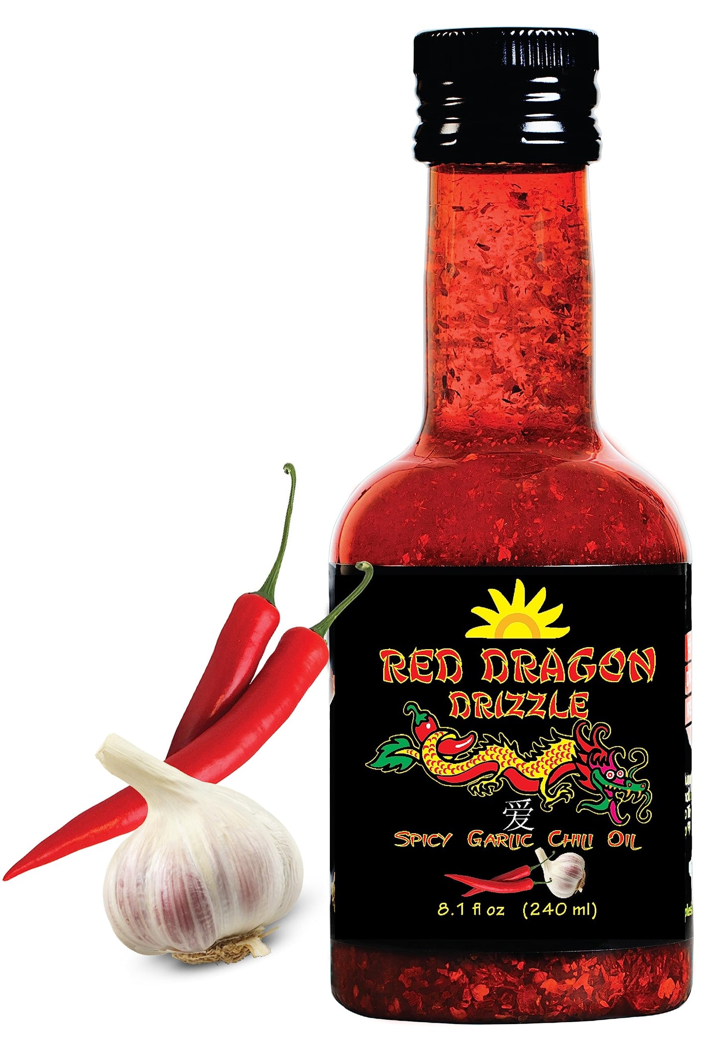 Red Dragon Drizzle - Spicy Garlic Chili Oil - Condiment & Ingredient, High-Oleic Sunflower Oil with Hot Chili Flakes, Vegan, Gluten-Free & Paleo