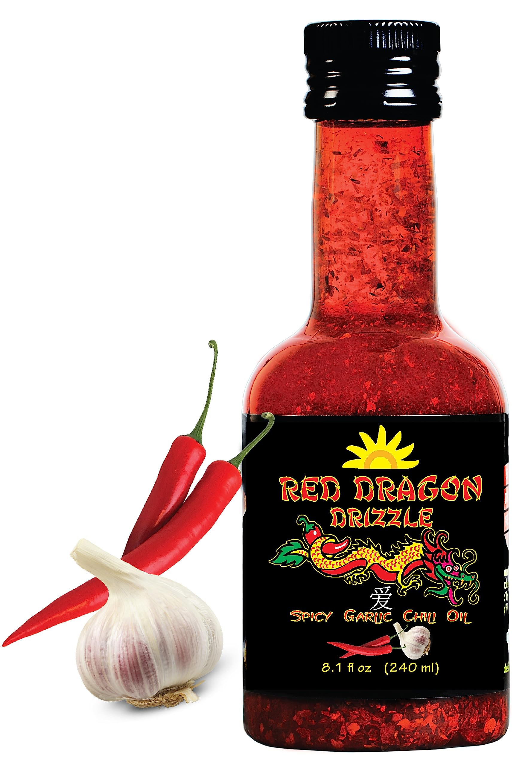 Red Dragon Drizzle - Spicy Garlic Chili Oil - Condiment & Ingredient, High-Oleic Sunflower Oil with Hot Chili Flakes, Vegan, Gluten-Free & Paleo