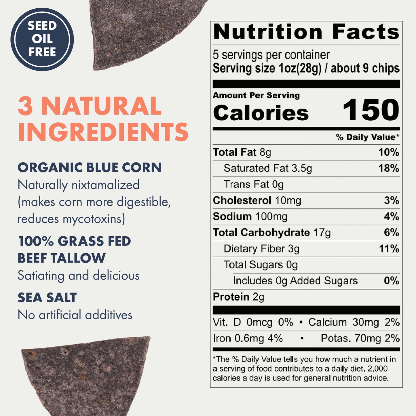 MASA Chips Blue Corn Tortilla Chips Cooked in Beef Tallow - Seed Oil Free Snack, 6pk×5 oz each- Handmade with Only Naturally Grown Blue Corn & Sea