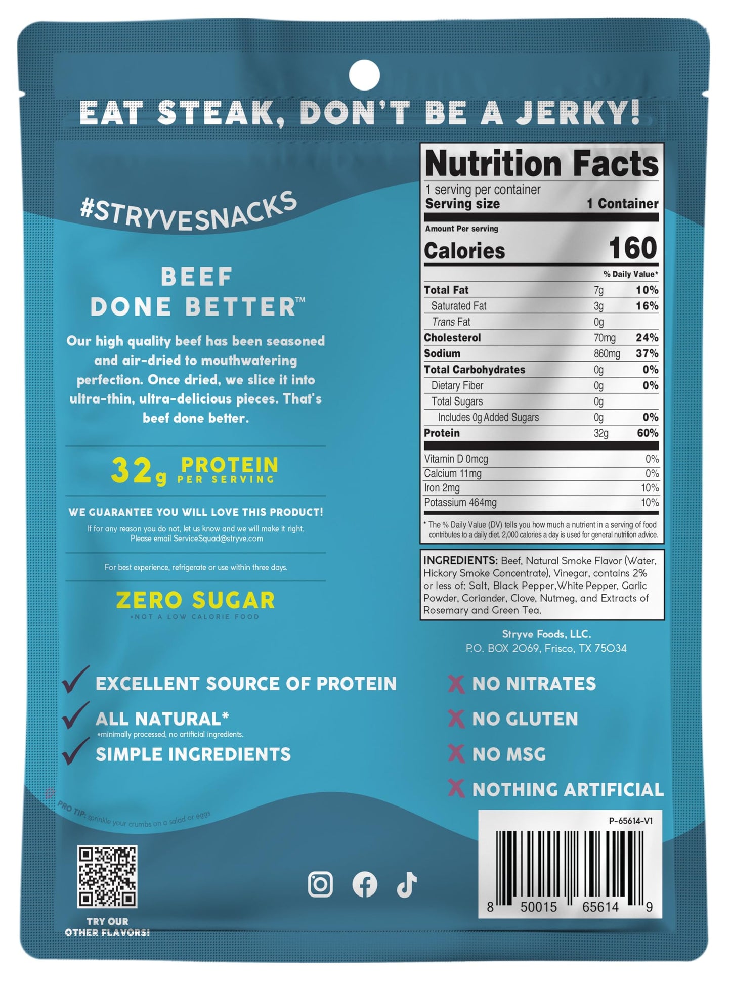 Stryve Protein Snacks - Better Than Jerky Steak - Grassfed Beef Biltong | 32g Protein, Sugar Free, Zero Carbs, Gluten Free, Dairy Free, Keto & Paleo