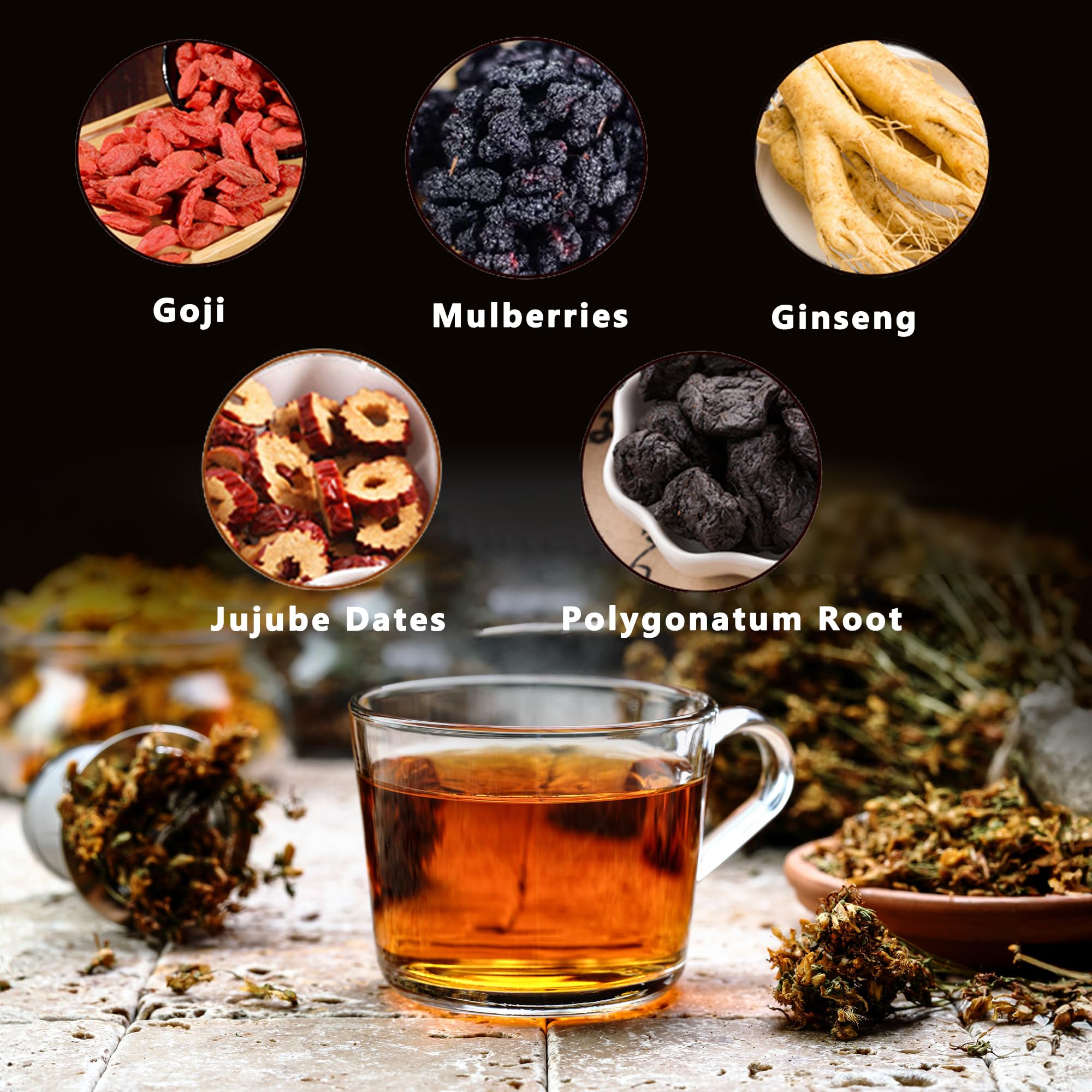 Redmint Herbal Tea Mastery - Brain Boost, Five Treasures Tea for Focus and Energy, Natural Ginseng and Mulberry Chinese Herbal Tea with Goji Berry