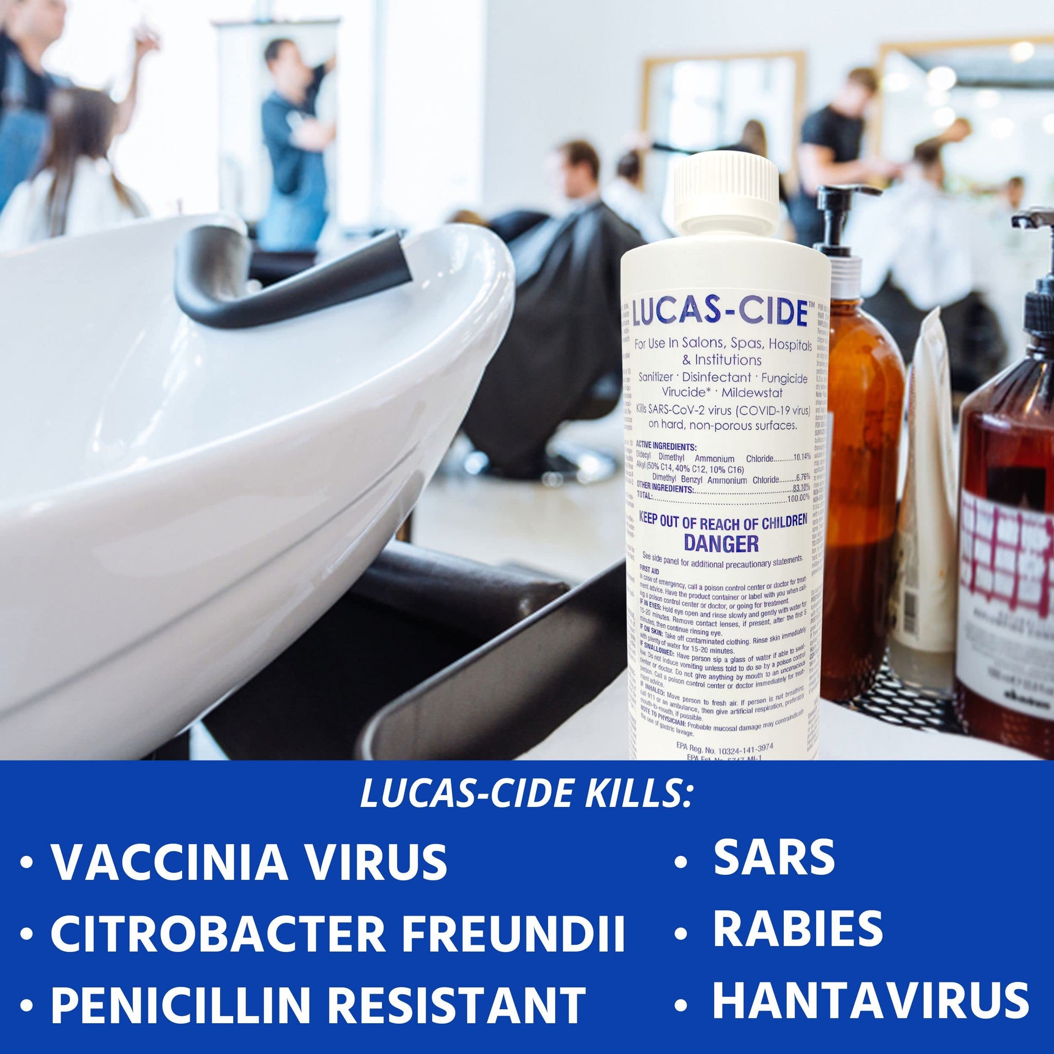 LUCAS-CIDE Salon and Spa Disinfectant Multipurpose Surface Sanitizer, EPA Disinfectant Cleaning Supplies Solution 16 Fl Oz - Blue