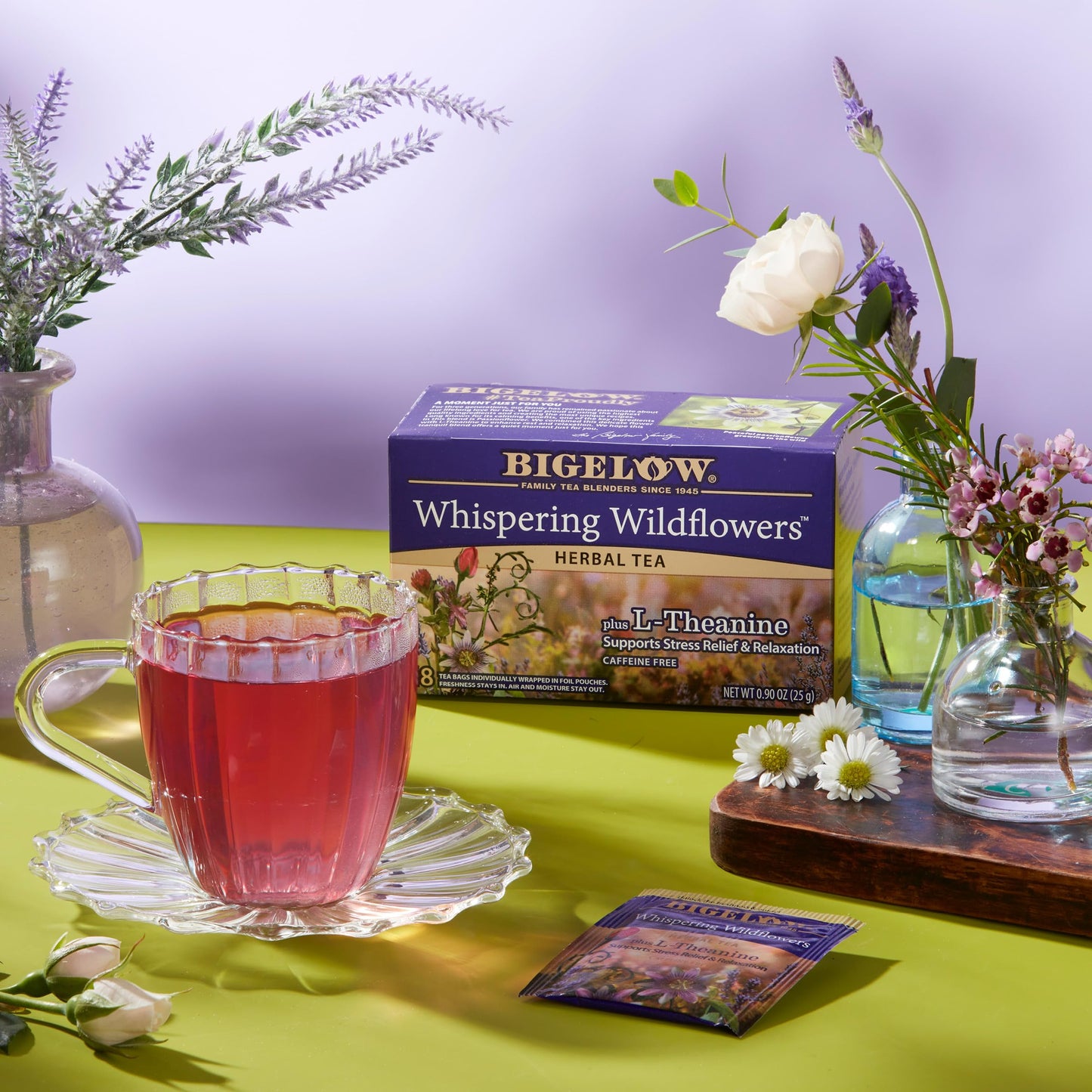 Bigelow Tea Whispering Wildflowers plus L-Theanine Herbal Tea, Caffeine Free, 18 Total Tea Bags (Pack of 1)