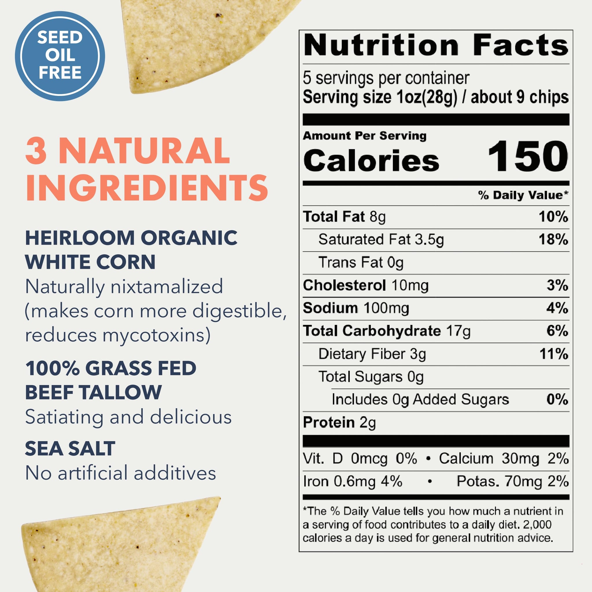 MASA Chips White Corn Tortilla Chips Cooked in Beef Tallow - Seed Oil Free Snack, 2pk×5 oz each- Handmade with Only Naturally Grown White Corn & Sea