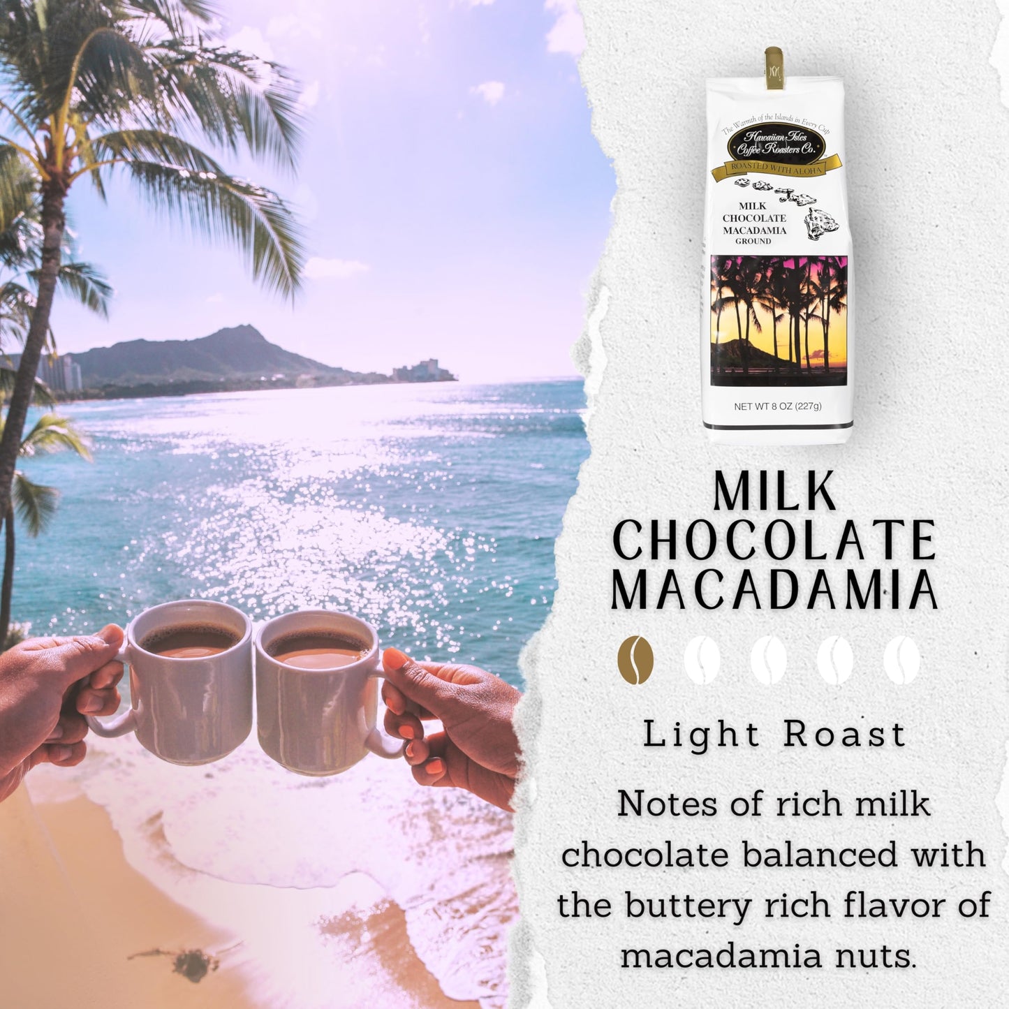 Hawaiian Isles Coffee Milk Chocolate Macadamia Flavored, Light Roast Ground Coffee, Roasted with Aloha - 8 Ounce Bag