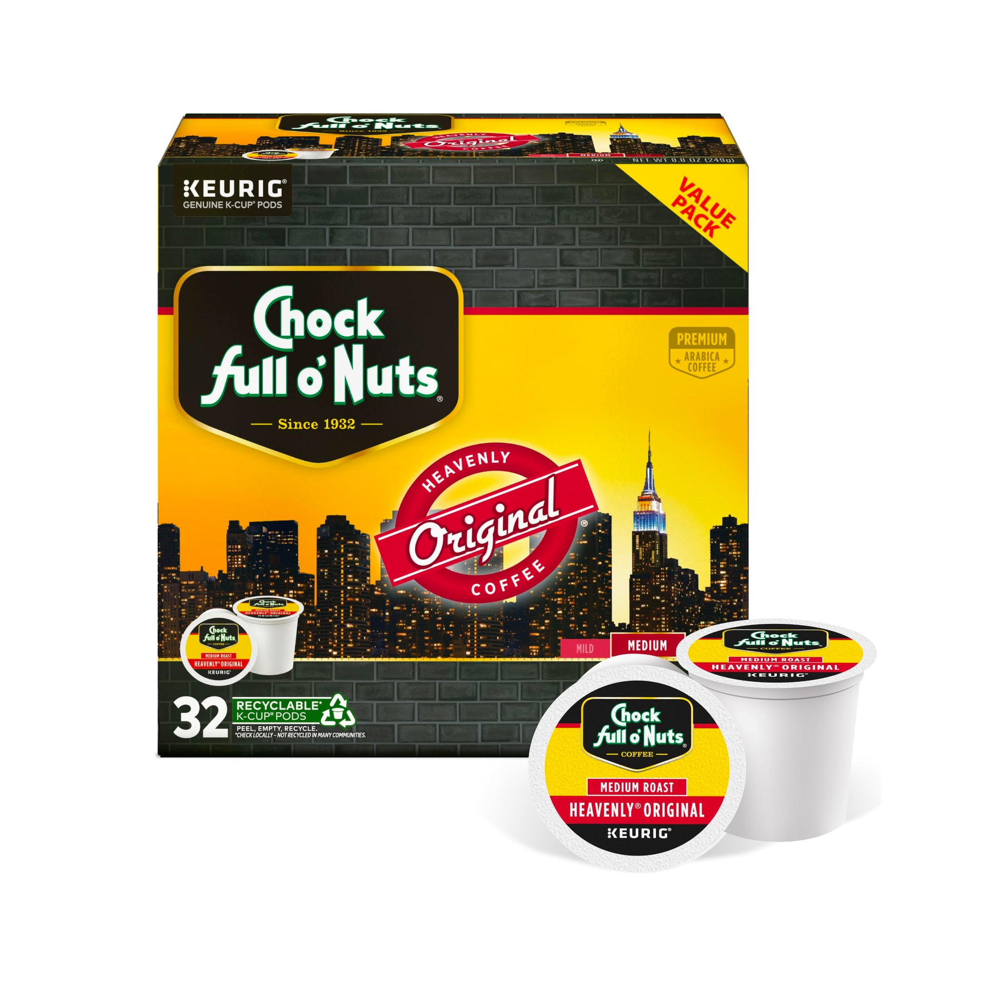 Chock Full o' Nuts Heavenly Original Keurig K-Cup Pods for Keurig Brewers - Premium Arabica, Medium Roast - Single Serve - 1 Pack of 32 K-Cup Pods