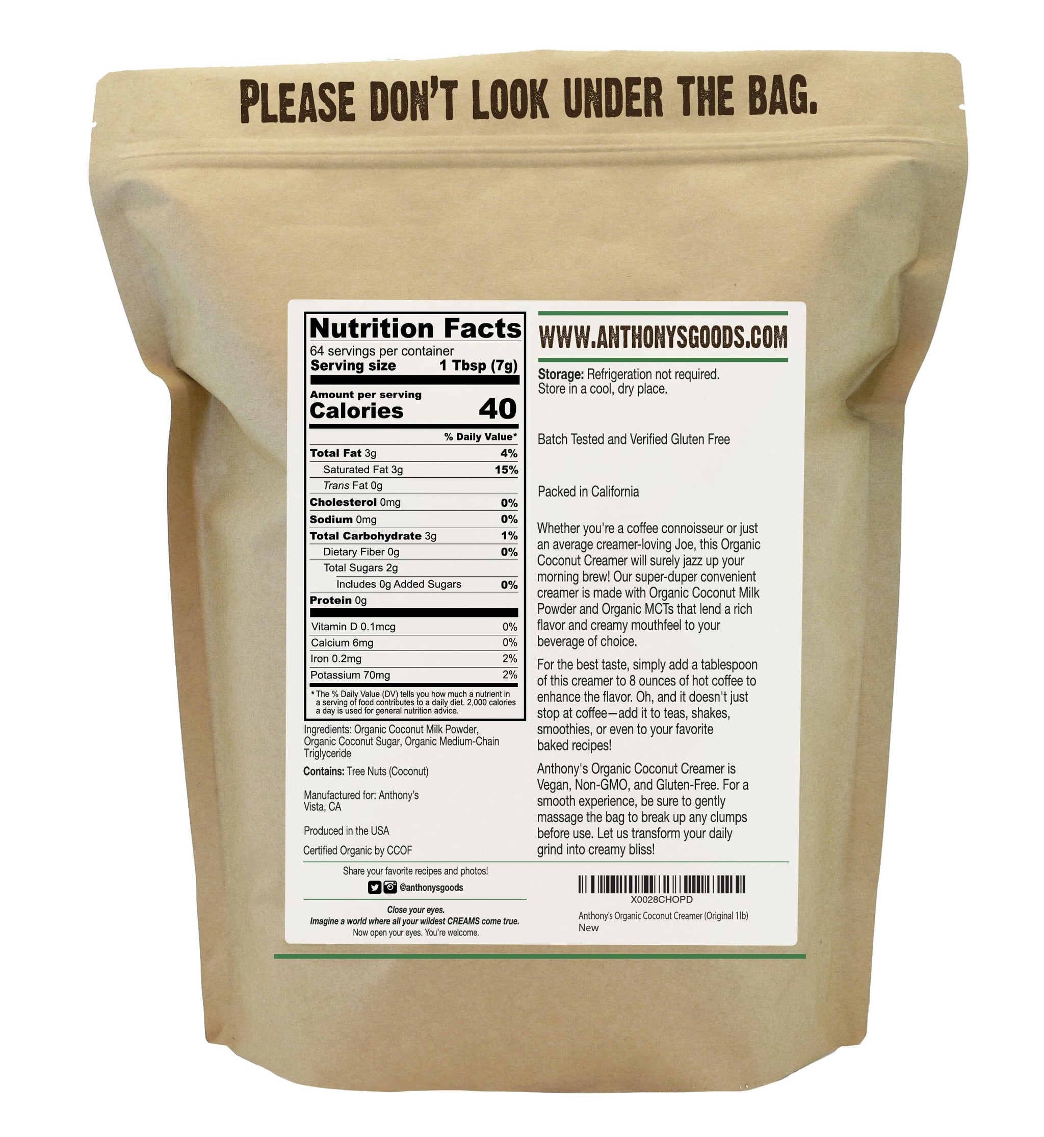 Anthony's Organic Coconut Creamer, 1 lb, With Superfoods & MCT's, Gluten Free, Non GMO, Non Dairy