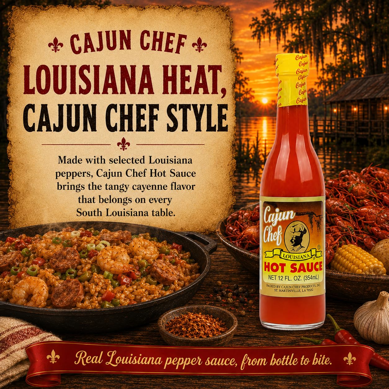 Cajun Chef Louisiana Hot Sauce 12 oz, Cajun Cayenne Pepper Sauce with Mild Heat, Louisiana Style Hot Sauce for Gumbo, Seafood, Soups, Wings, Pizza