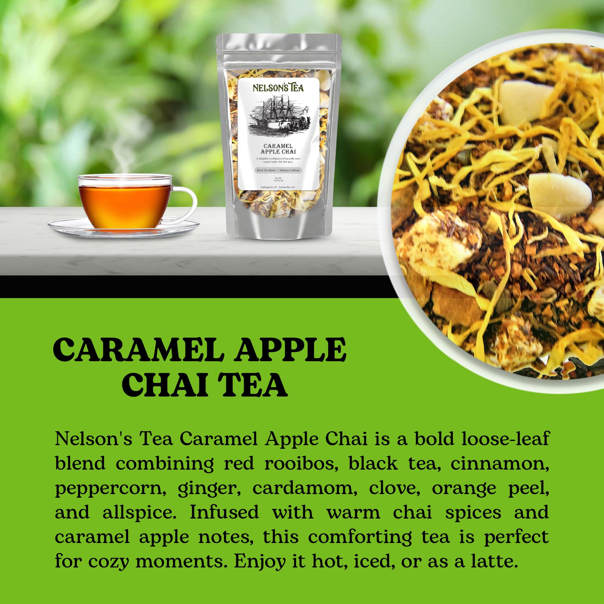 Nelson's Tea Caramel Apple Chai Tea Loose Leaf - Cut & Sifted Red Rooibos Loose Leaf Tea, Black Tea with Cinnamon Chips, Peppercorn, Ginger Root
