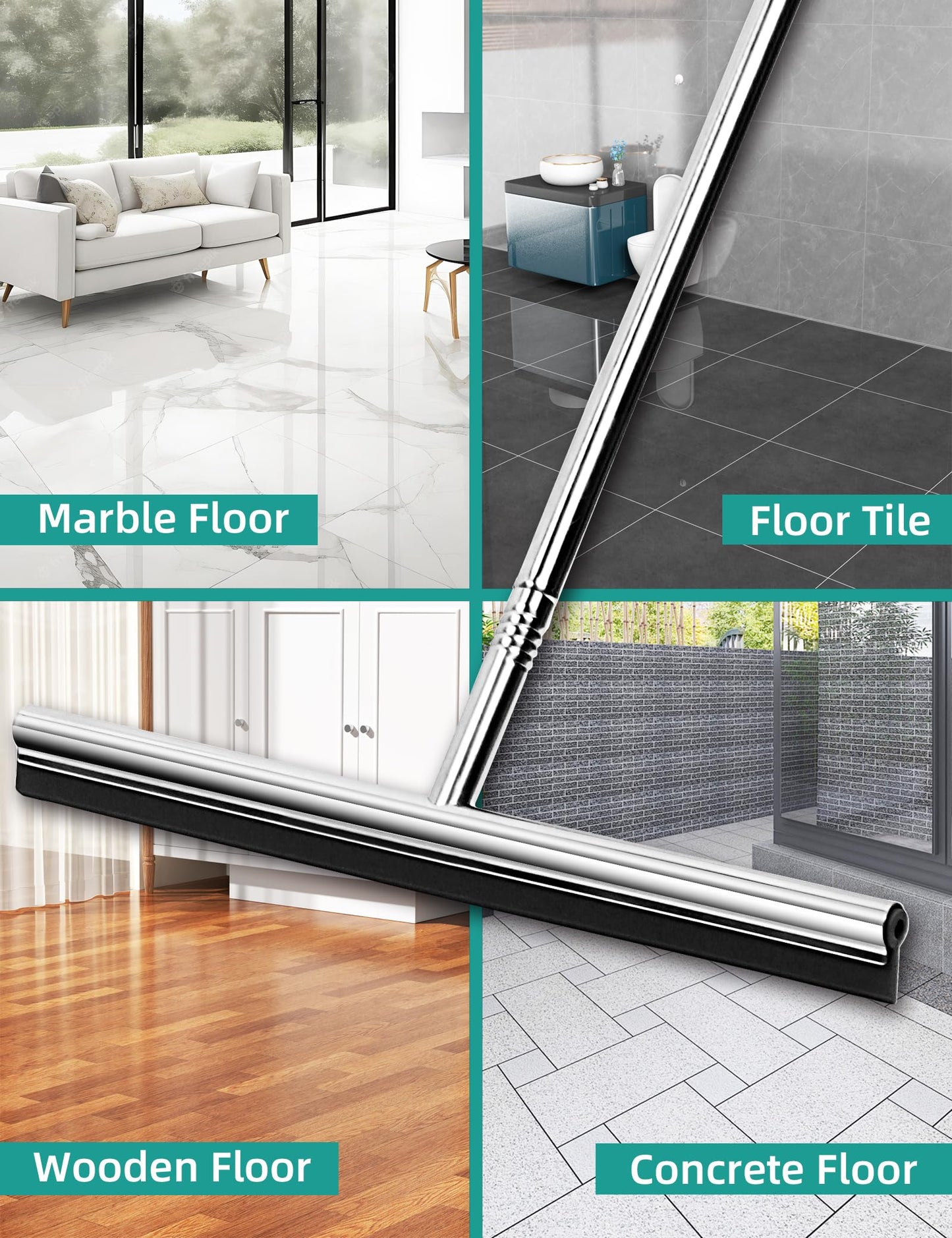 Floor Squeegee Scrubber 59inch Long Stainless Steel Handle with 15inch Wide Silicon Rubber Blade Squeegee Broom for Floor Washing and Drying Shower