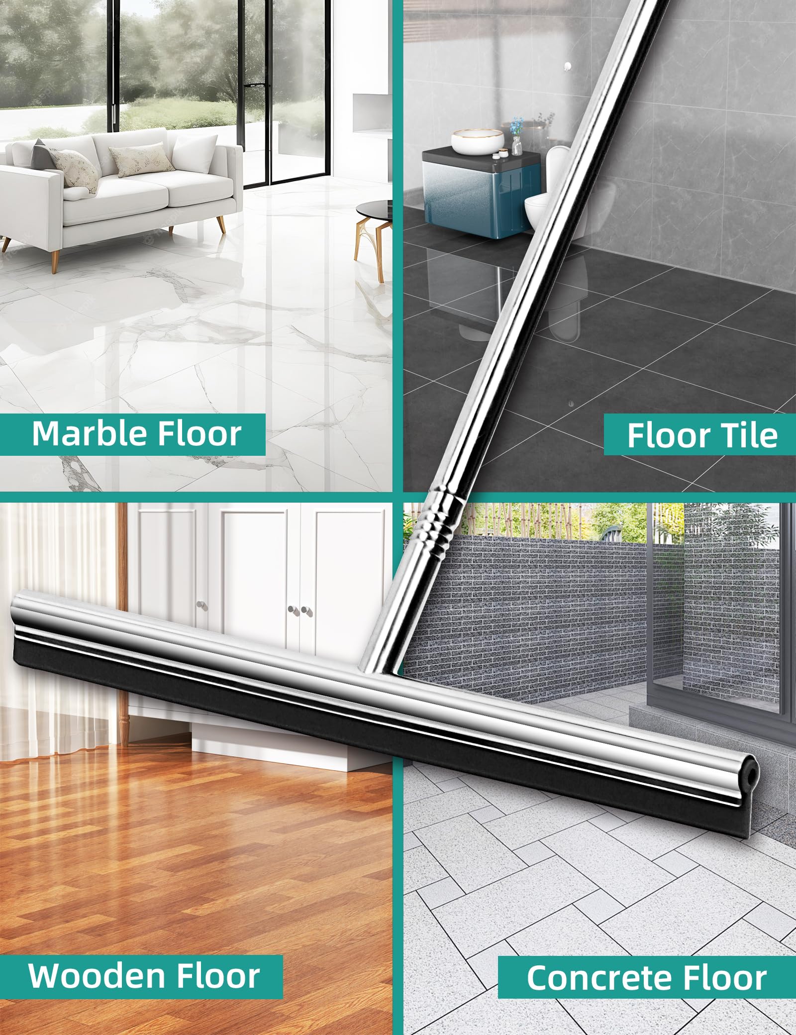 Floor Squeegee Scrubber 59inch Long Stainless Steel Handle with 15inch Wide Silicon Rubber Blade Squeegee Broom for Floor Washing and Drying Shower