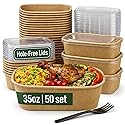 Leafiew 50 Pack 35Oz Disposable Meal Prep Containers With Lids - Microwave and Freezer Safe Kraft Paper Bowls with Lids and Forks - Disposable Food