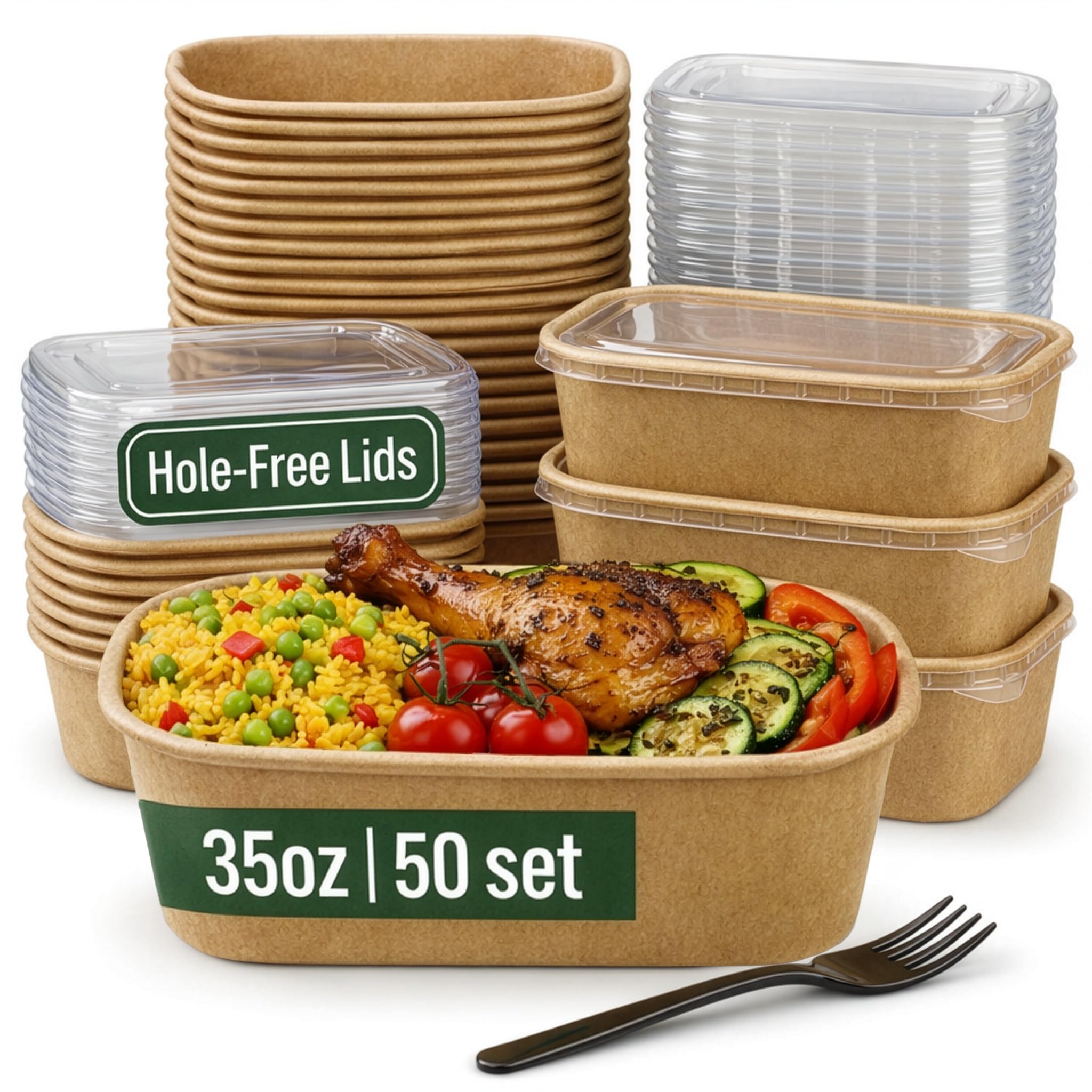 Leafiew 50 Pack 35Oz Disposable Meal Prep Containers With Lids - Microwave and Freezer Safe Kraft Paper Bowls with Lids and Forks - Disposable Food