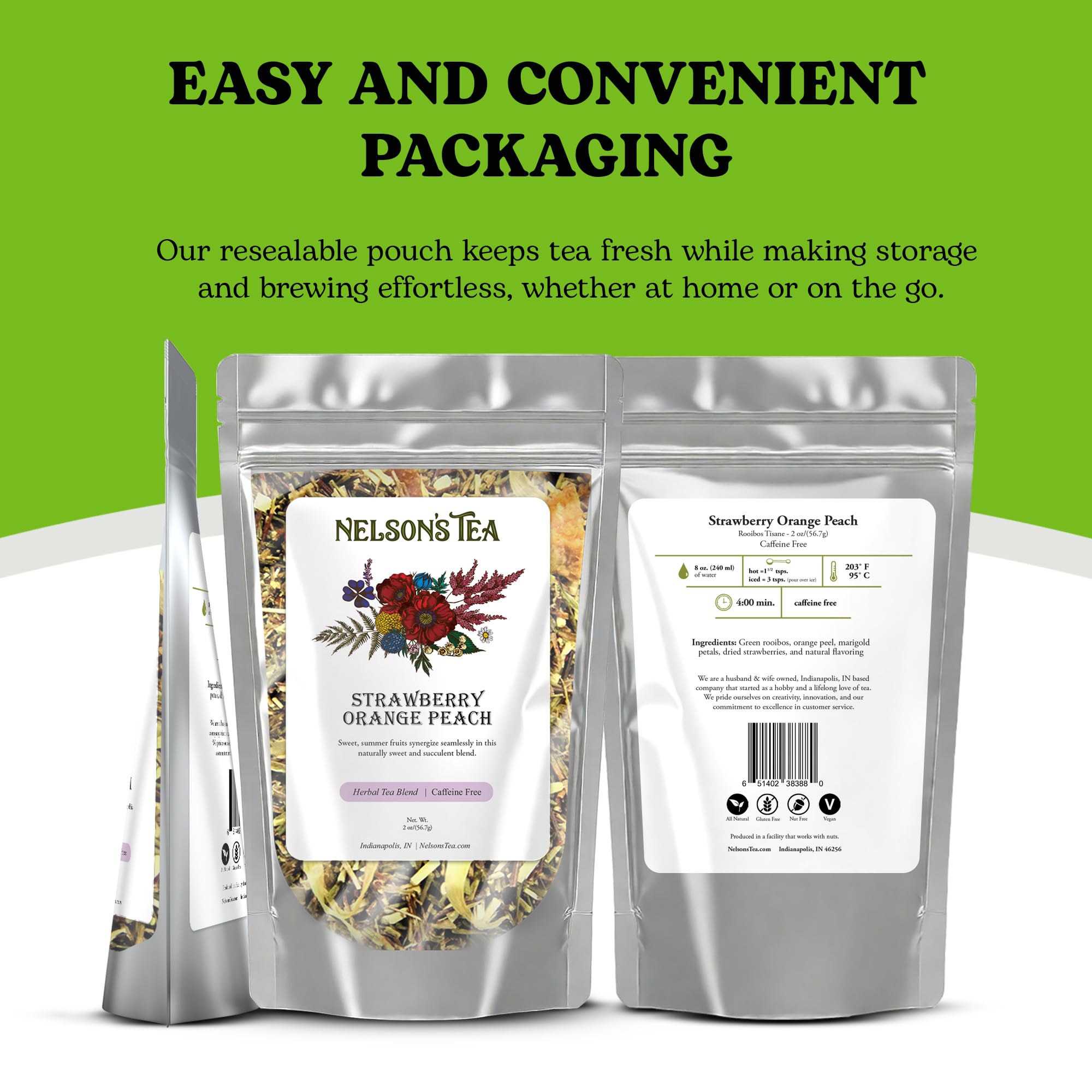 Nelson's Tea Strawberry Orange Peach - Caffeine Free Herbal Rooibos Loose Leaf Tea - Irresistable Blend of Green Rooibos, Orange Peel, Marigold