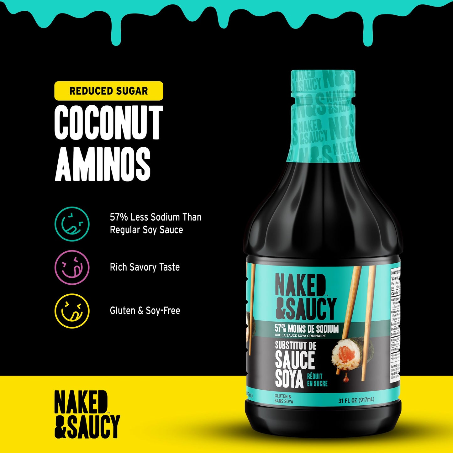 Naked & Saucy Reduced Sugar Coconut Aminos, Soy Sauce Substitute, 31 fl oz