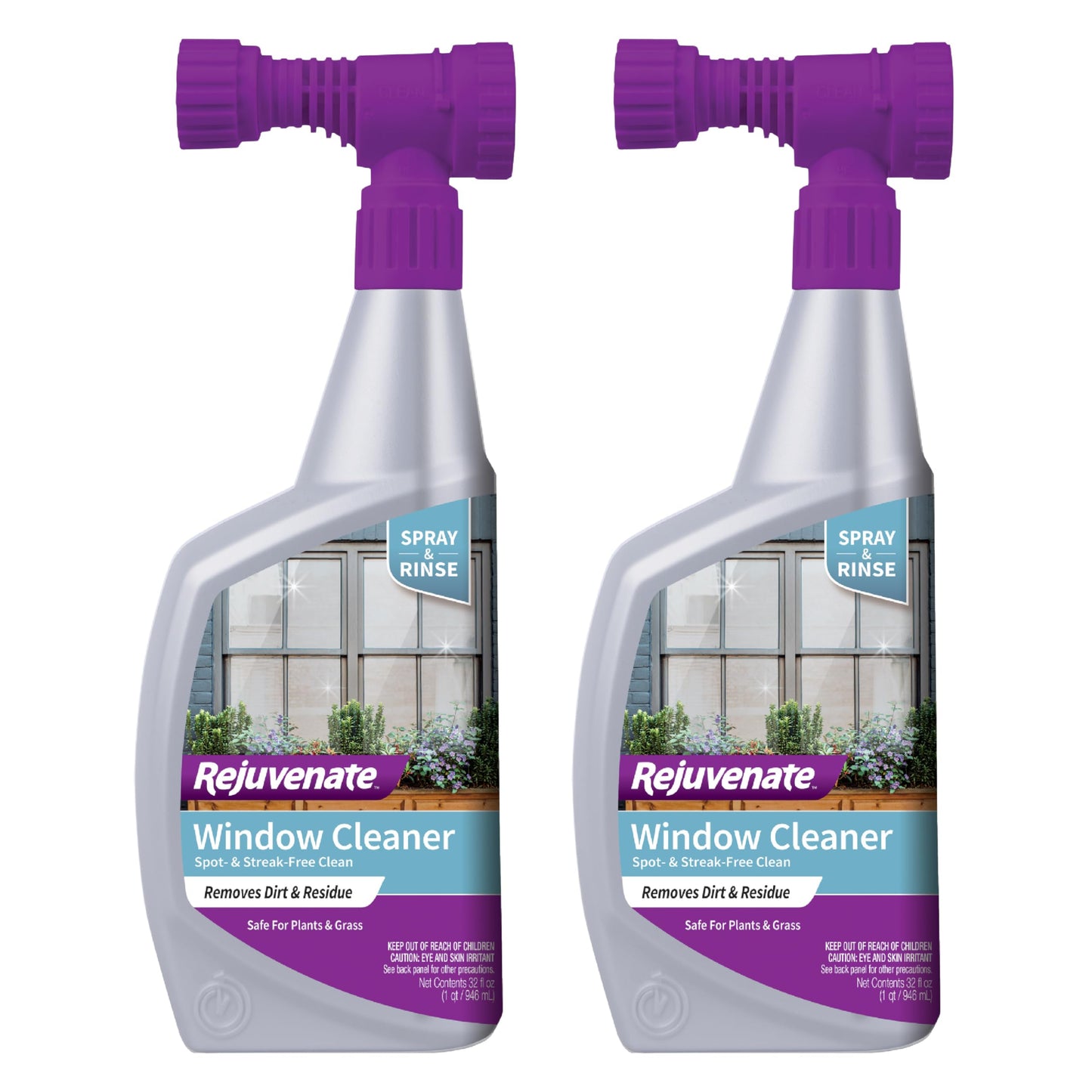 Rejuvenate Window Cleaner, 32 Ounces, Non-Toxic Outdoor Window Cleaner With Hose-End Adapter Quickly Removes Dirt For A Spot- And Streak-Free Shine, 2