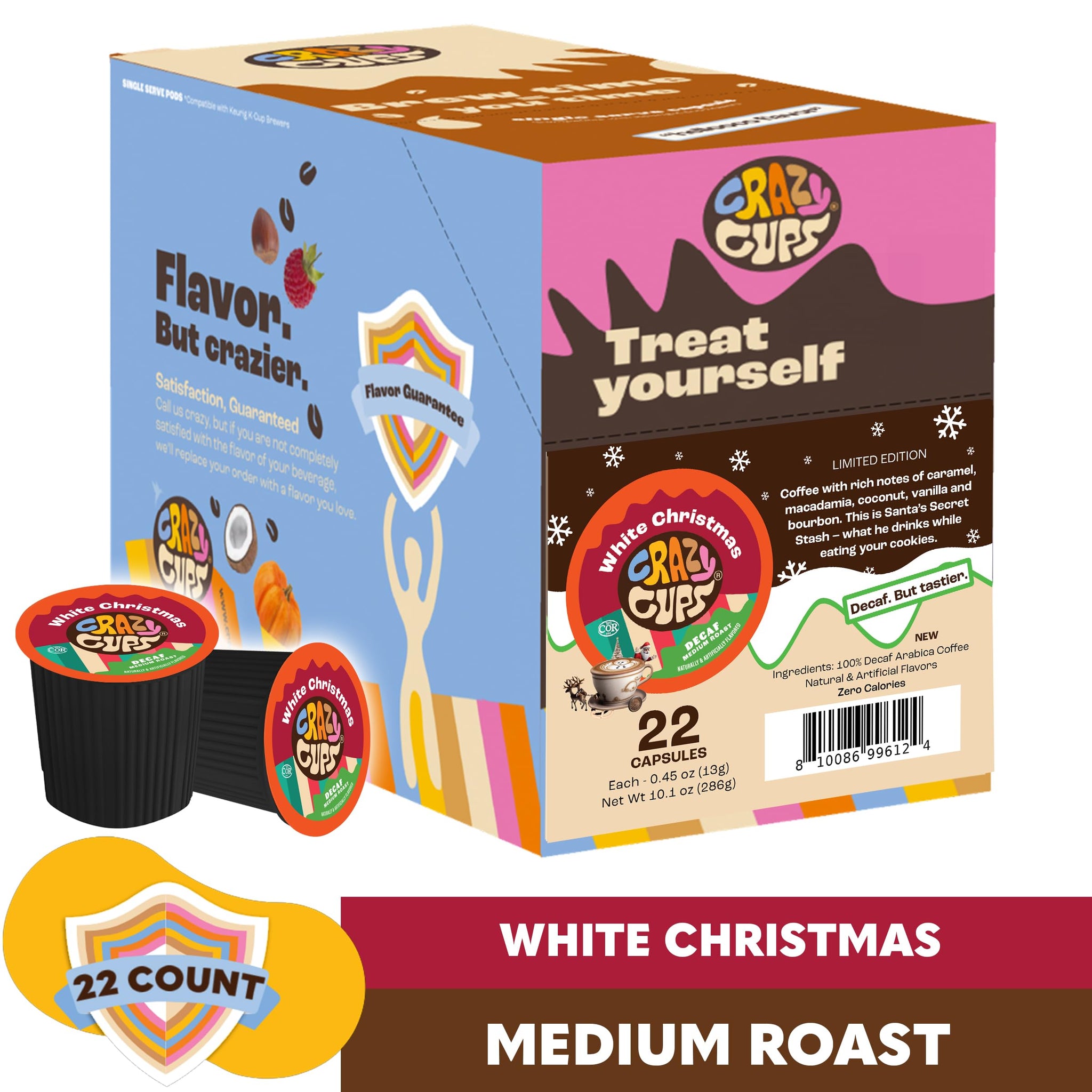 Crazy Cups Decaf White Christmas Flavored Coffee Pods, Decaf Holiday Coffee, Single Serve for Keurig K Cups Machines, Medium Roast, 22 Count