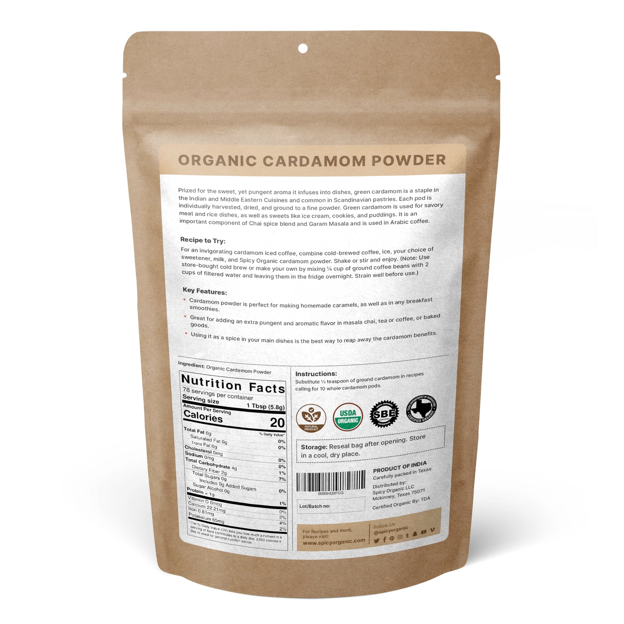 SPICY ORGANIC Cardamom Powder for Culinary Delights - Bulk Pack 10 LBS (160 oz) - Perfect for Flavoring Coffee, Baking, and Cooking - USDA Organic