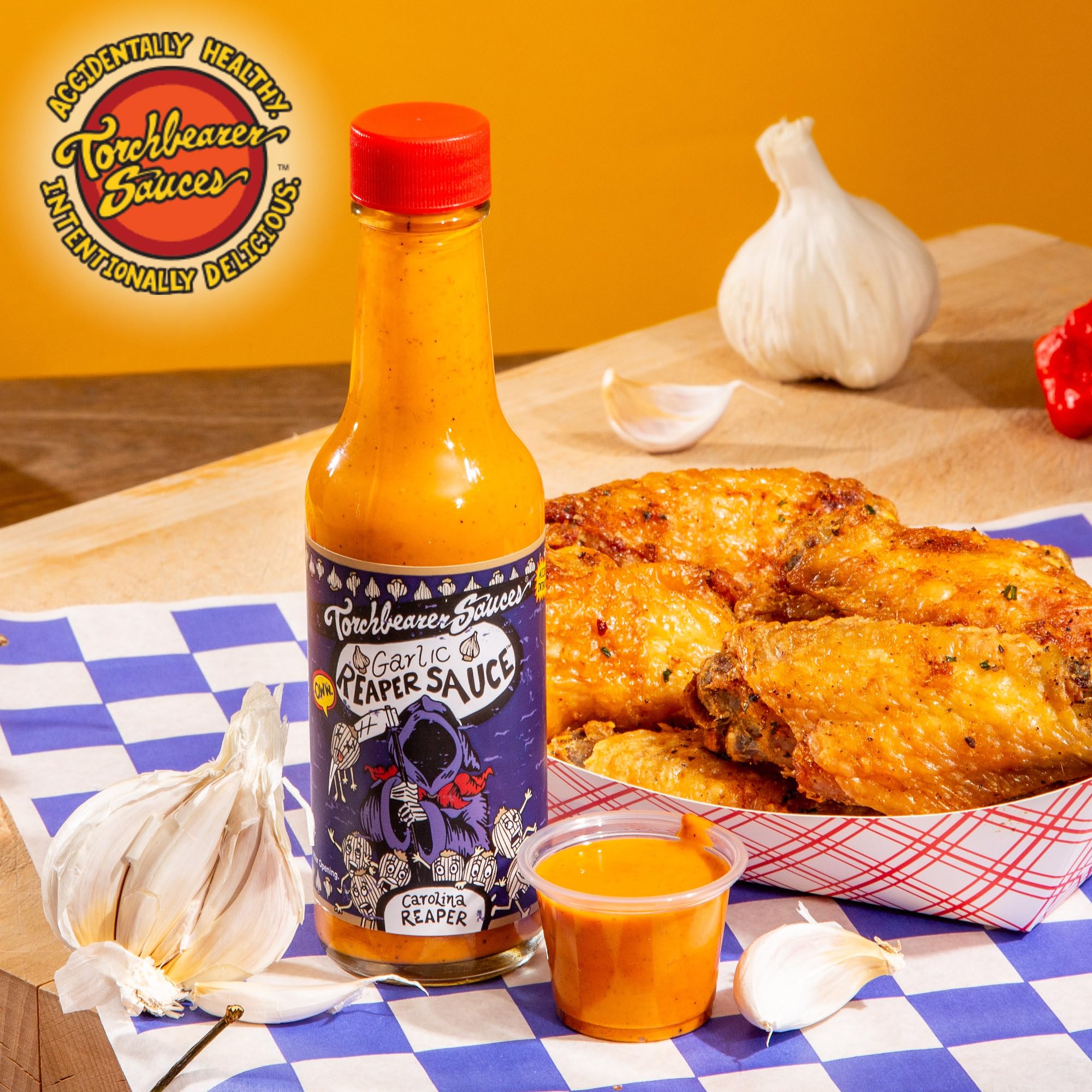 Torchbearer Sauces Garlic Reaper Sauce, 5oz Garlic & Carolina Reaper Hot Sauce, Heat Level 9 - Featured on Hot Ones - All Natural, Extract-Free, Made