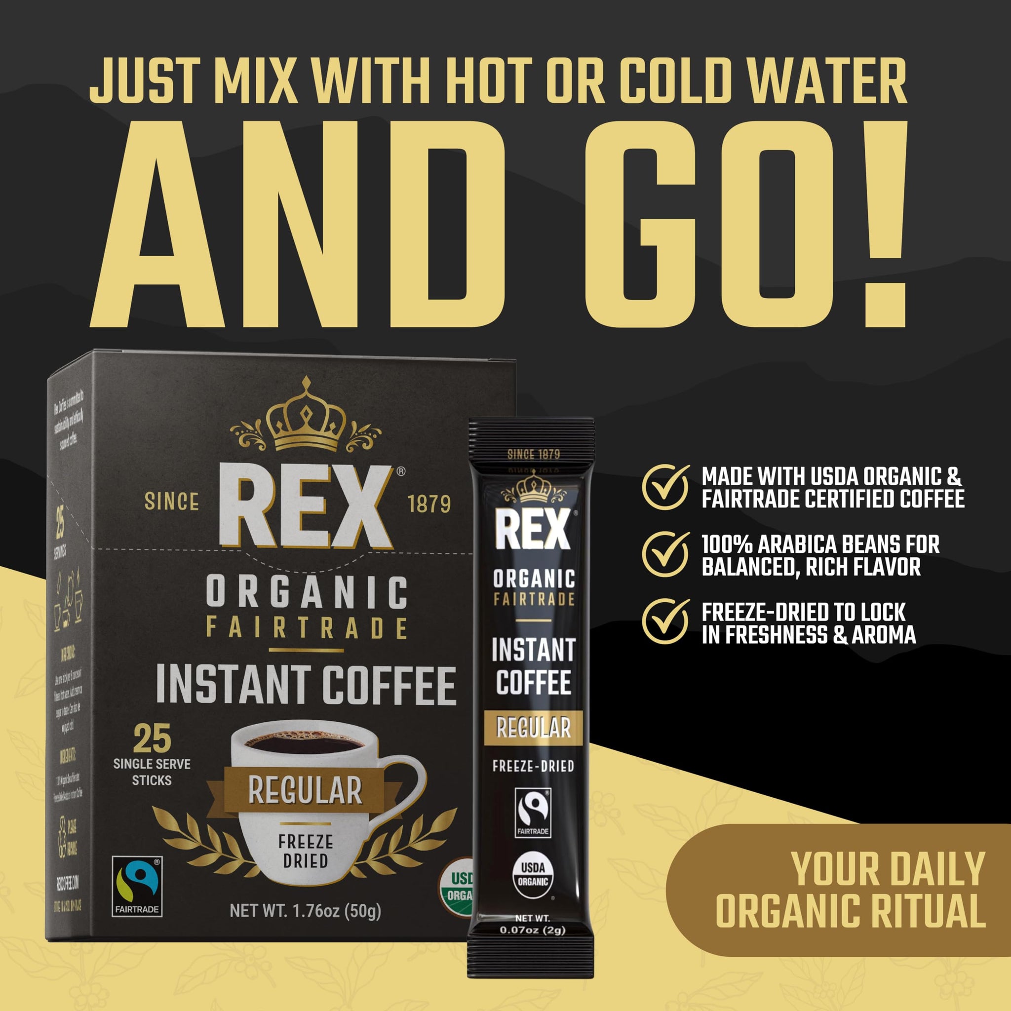Rex Coffee Organic Fairtrade Freeze-Dried Instant Coffee Sticks, Medium Roast Arabica, 25 Single-Serve Packs, Lab Tested for Mold, Mycotoxins, Heavy