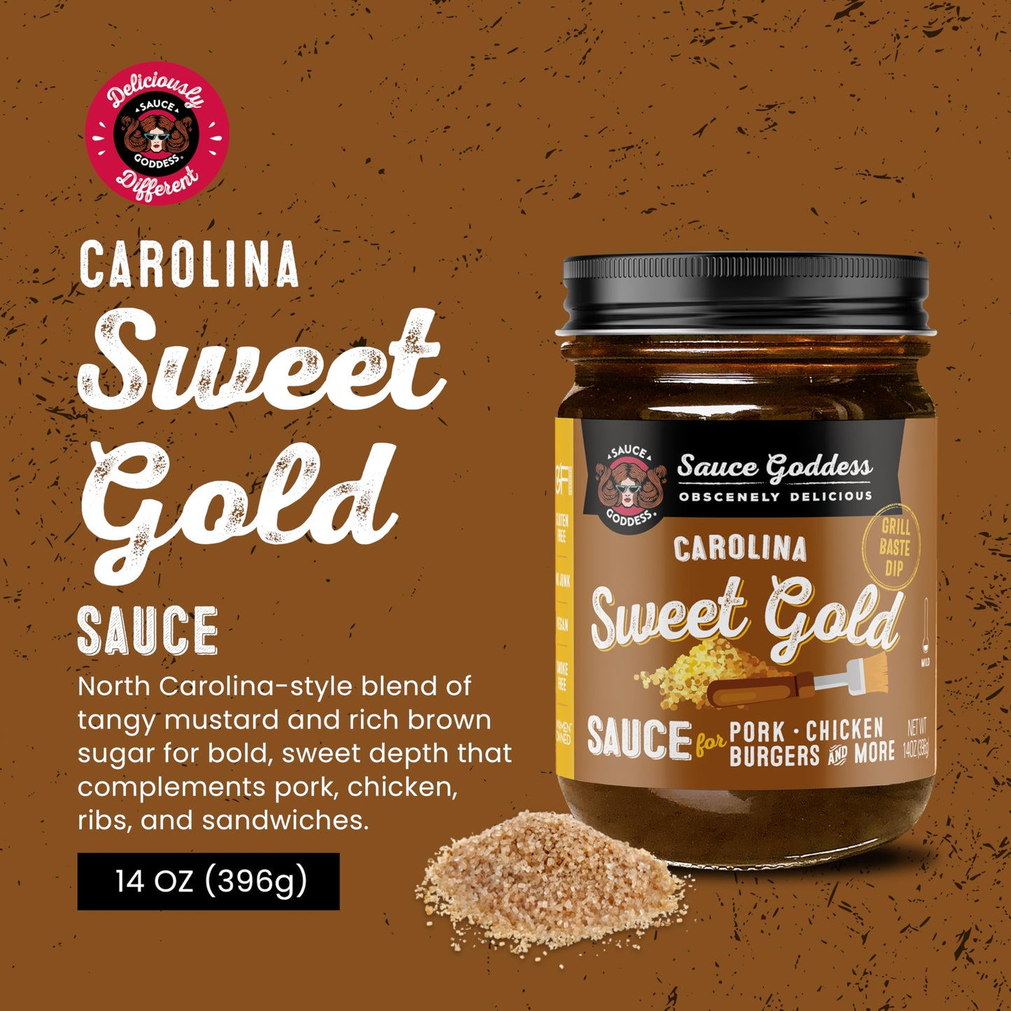 Sauce Goddess - Carolina Sweet Gold Barbecue Sauce - Tangy Mustard, Brown Sugar, Apple Cider Vinegar, Certified Gluten-Free, Vegan, 14 oz - 1 Pack