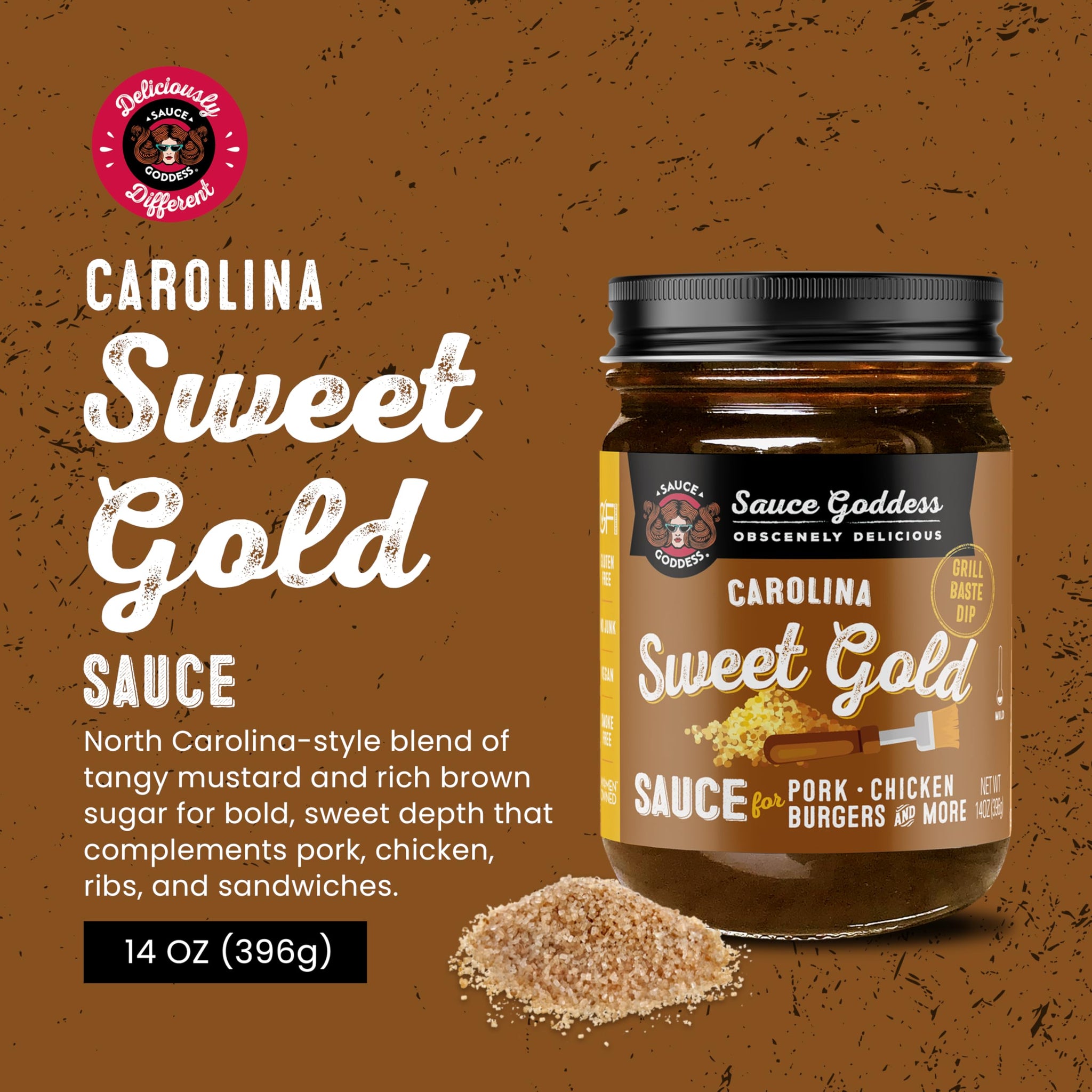 Sauce Goddess - Carolina Sweet Gold Barbecue Sauce - Tangy Mustard, Brown Sugar, Apple Cider Vinegar, Certified Gluten-Free, Vegan, 14 oz - 1 Pack