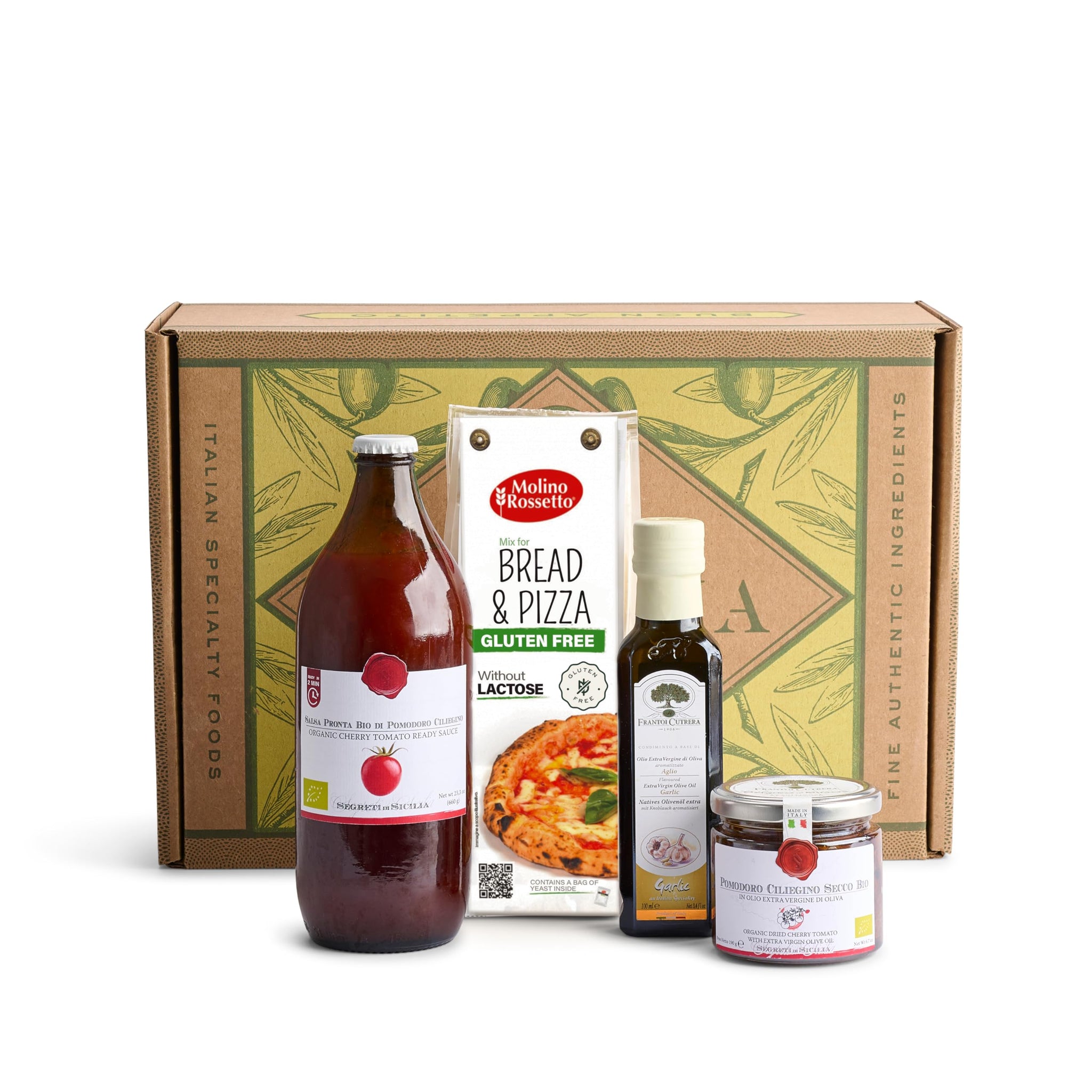 Mercato di Bellina Organic Pizza Kit Gift Basket - Authentic Homemade Gluten Free Pizza Making Kit for Home Cooks, Italian Gift Basket Includes Organic Crust Mix, Sauce, EVOO & Sun-Dried Tomatoes