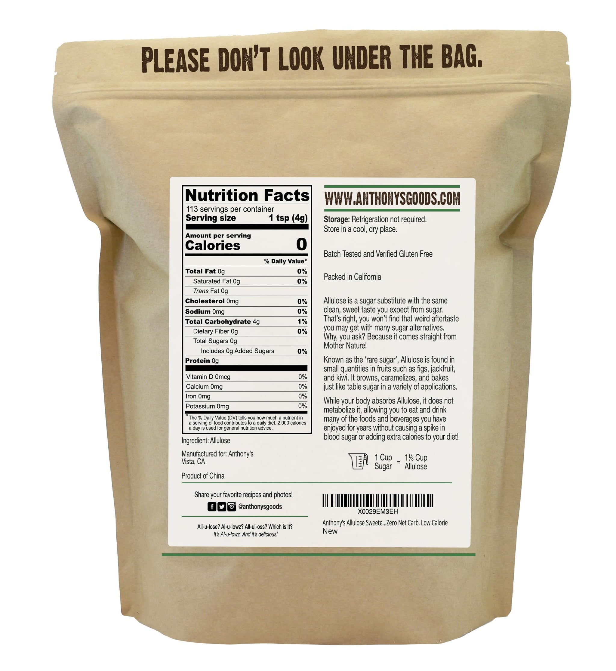 Anthony's Allulose Sweetener, 1 lb, Batch Tested Gluten Free, Keto Friendly Sugar Alternative, Zero Net Carb, Low Calorie