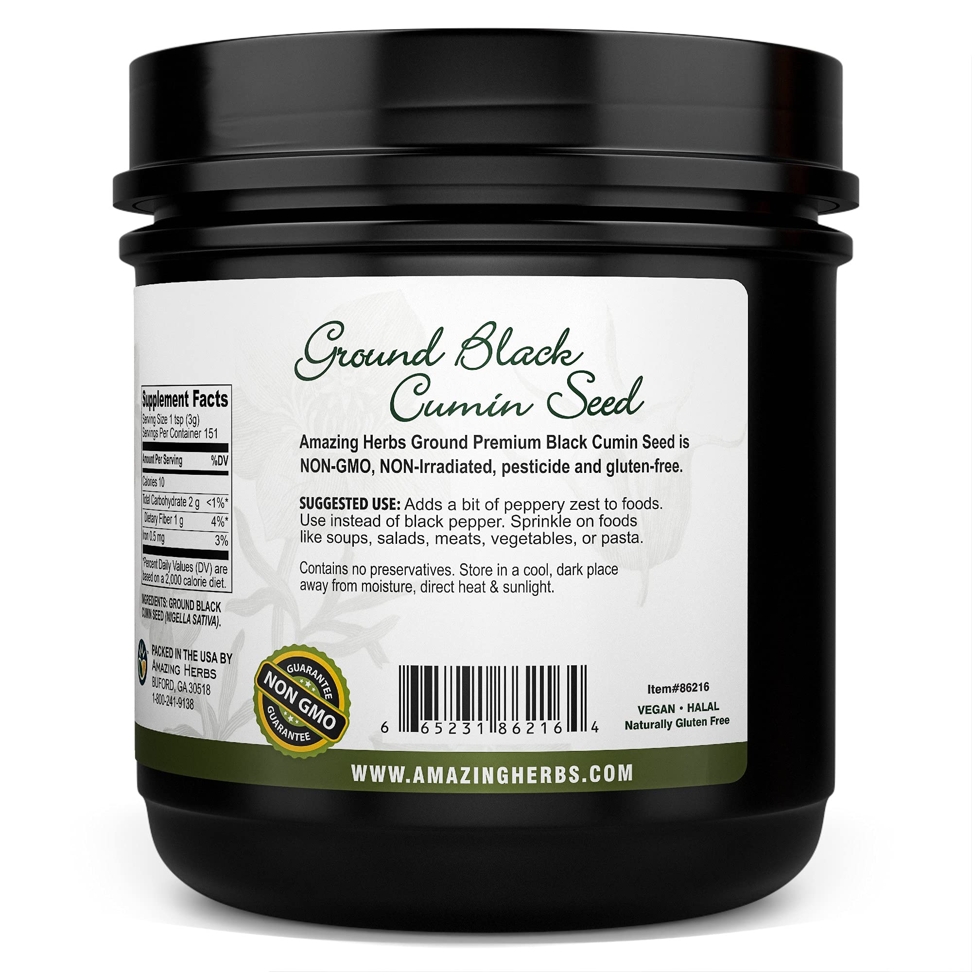 Amazing Herbs Premium Ground Black Cumin Seeds - Finely Ground Nigella Sativa, Gluten Free, Non GMO, Supports Cardiovascular Function & Preserves