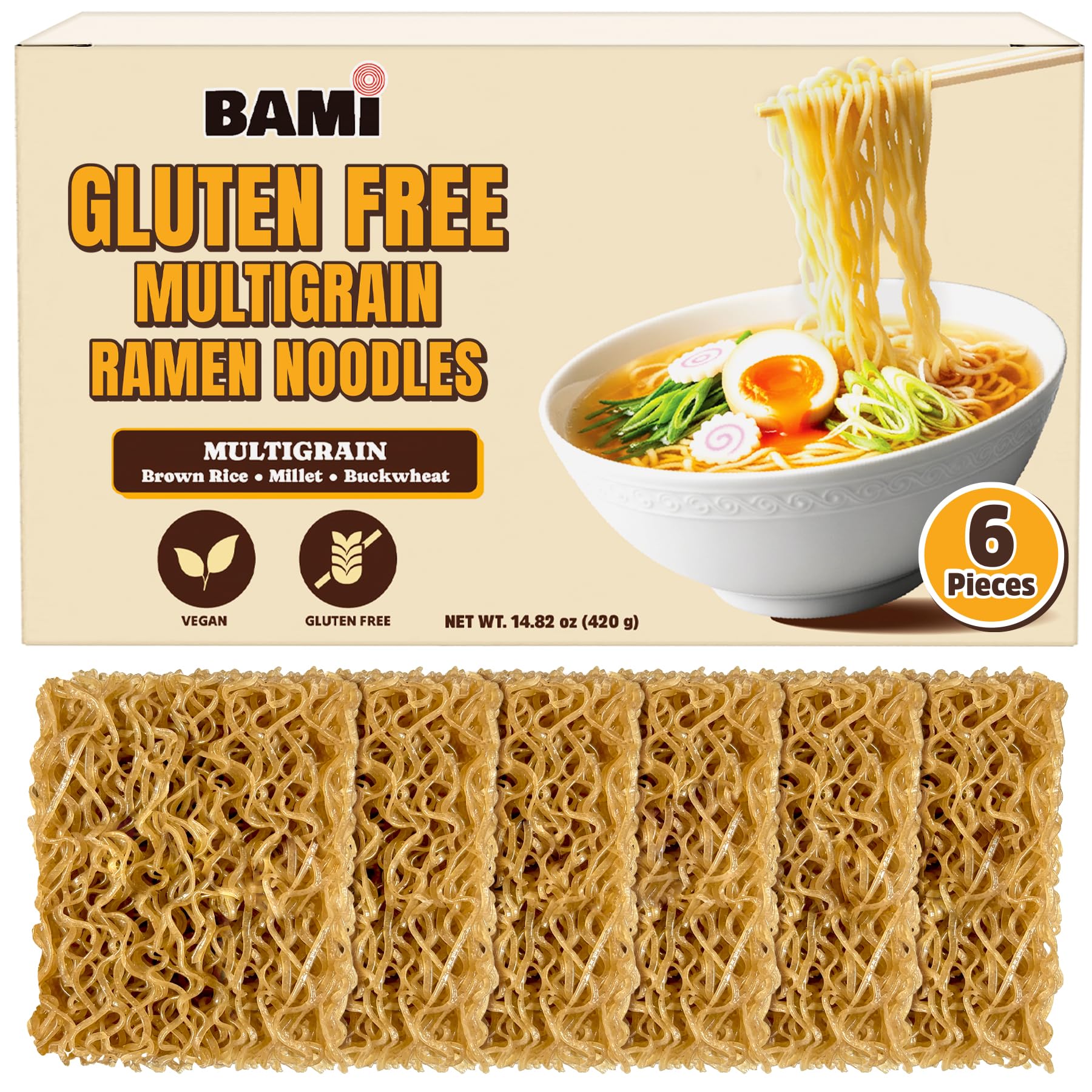 Gluten Free Ramen Noodles Multigrain (6 packs) Millet And Brown Rice Ramen Noodles Plain, Gf Ramen, Low Sodium, Vegan, Healthy Buckwheat Noodles No
