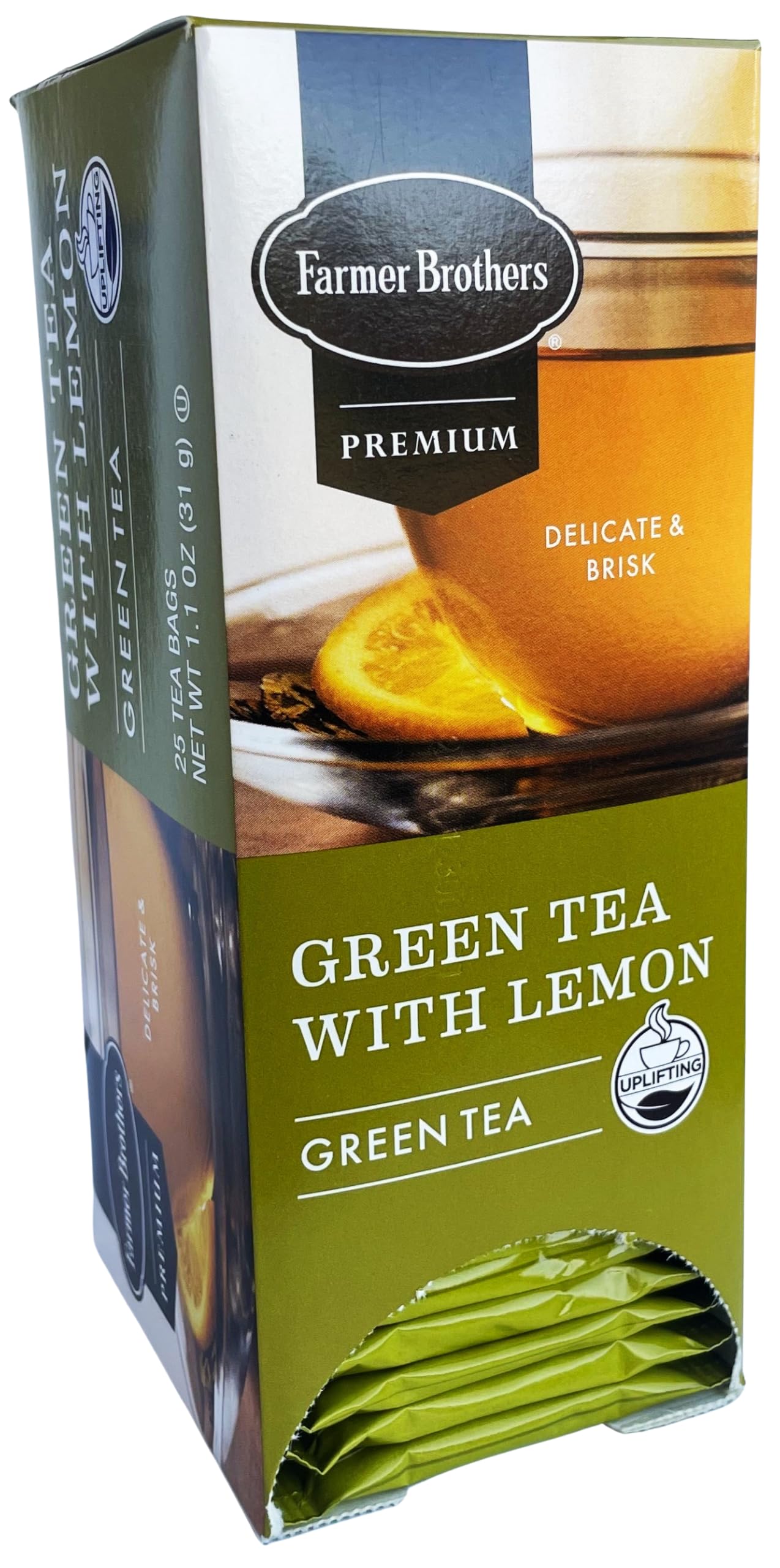 Farmer Brothers Premium Green Tea with Lemon, 25 Individually Wrapped Tea Bags - All-Natural, Gluten-Free, Kosher Certified, Refreshing Citrus Blend