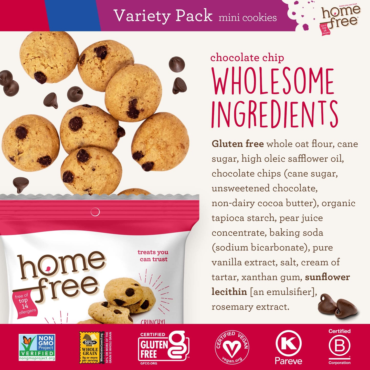 Homefree Treats You Can Trust Gluten Free Mini Cookies, Single Serve, Variety Pack (Pack of 30)