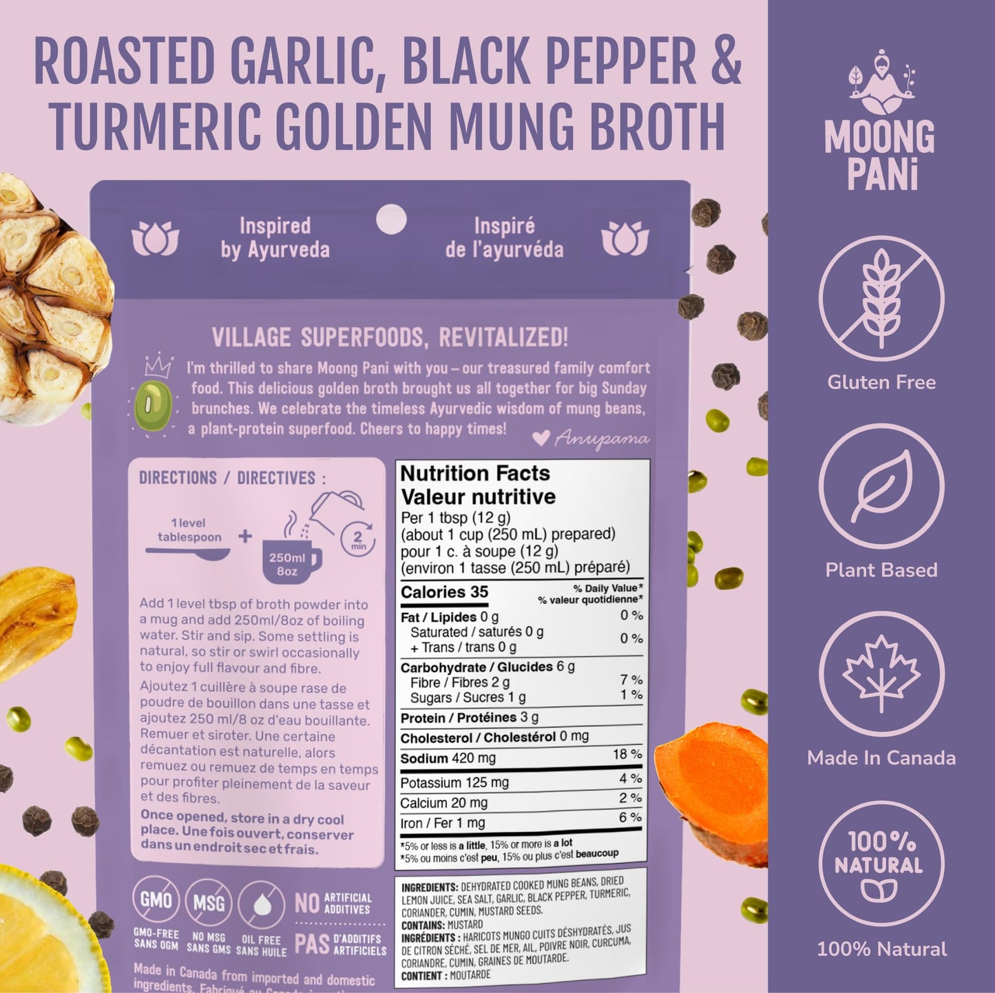 Moong Pani Whole Mung Sipping Broth Powder Roasted Garlic Black Pepper Turmeric | Plant Protein Vegan Bone Broth Alternative | High Fibre Gluten Free