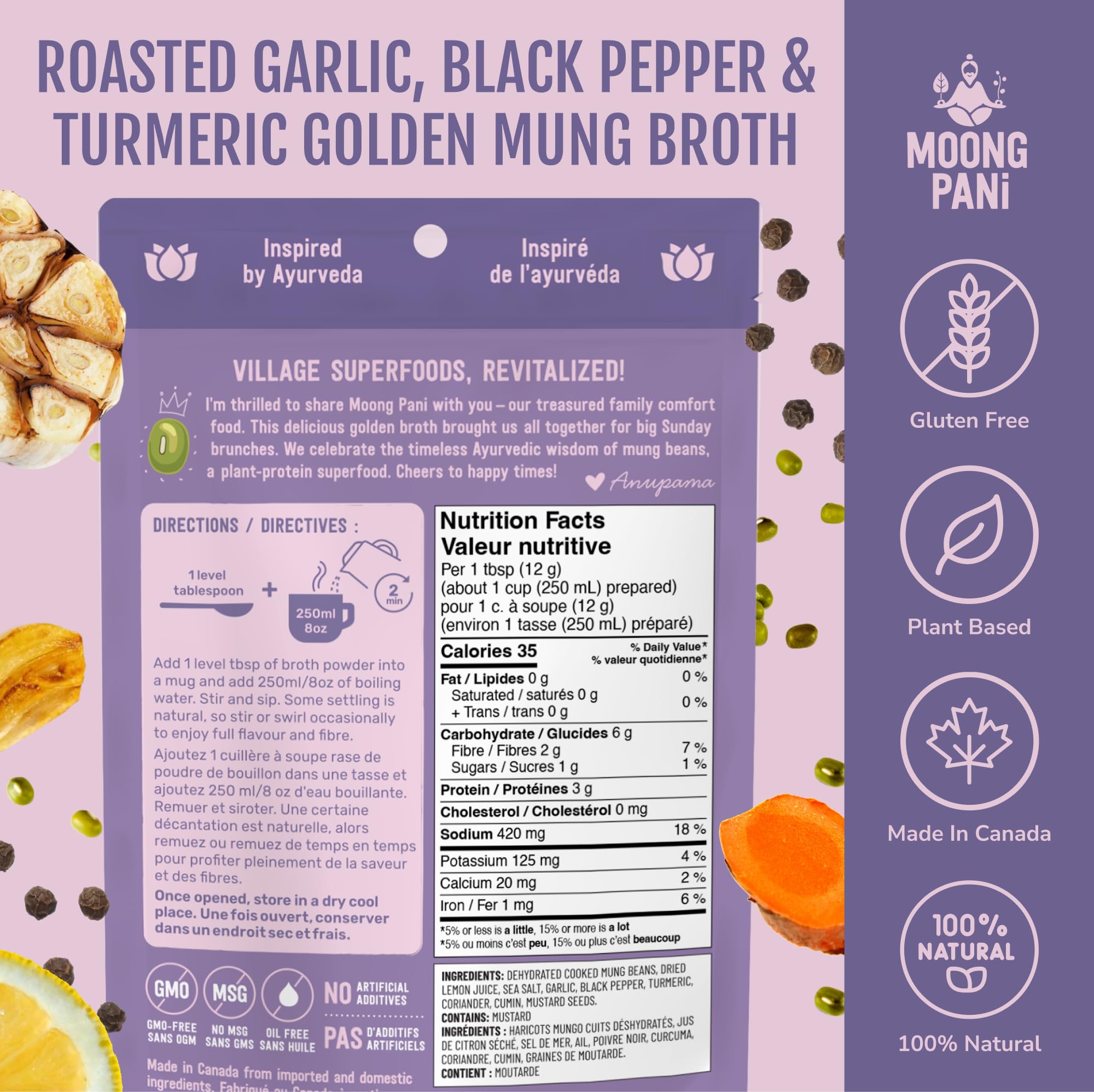 Moong Pani Whole Mung Sipping Broth Powder Roasted Garlic Black Pepper Turmeric | Plant Protein Vegan Bone Broth Alternative | High Fibre Gluten Free