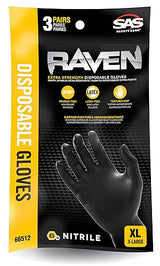 SAS Safety 66511 Raven Powder-Free Nitrile Gloves, Large, 3-Pack