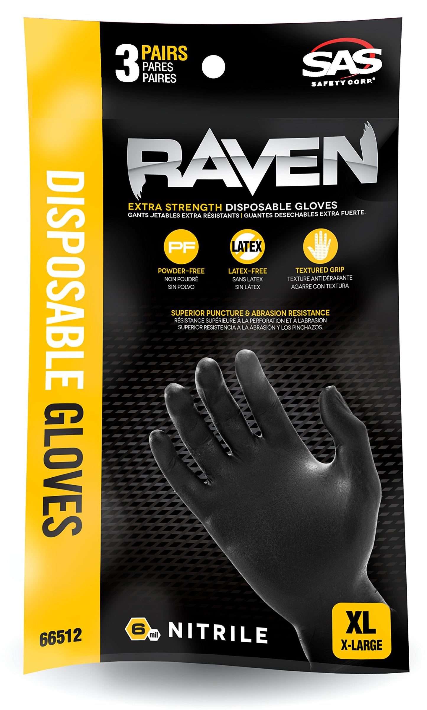 SAS Safety 66511 Raven Powder-Free Nitrile Gloves, Large, 3-Pack