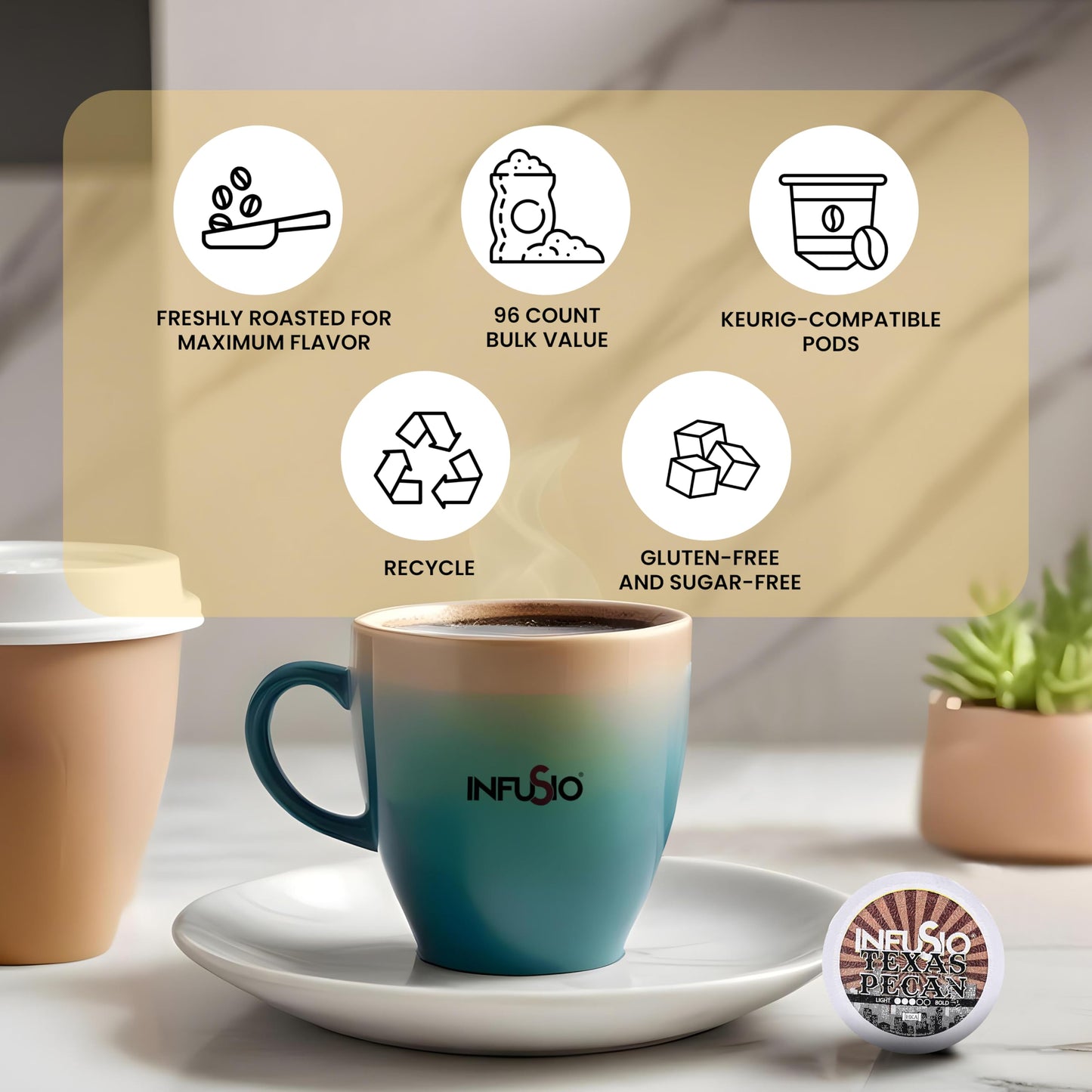 InfuSio Flavored Coffee Pods Variety Pack - 96 Count, 12 Gourmet Medium Roast Dessert-Inspired Blends like Bananas Foster & Crème Brûlée, Compatible