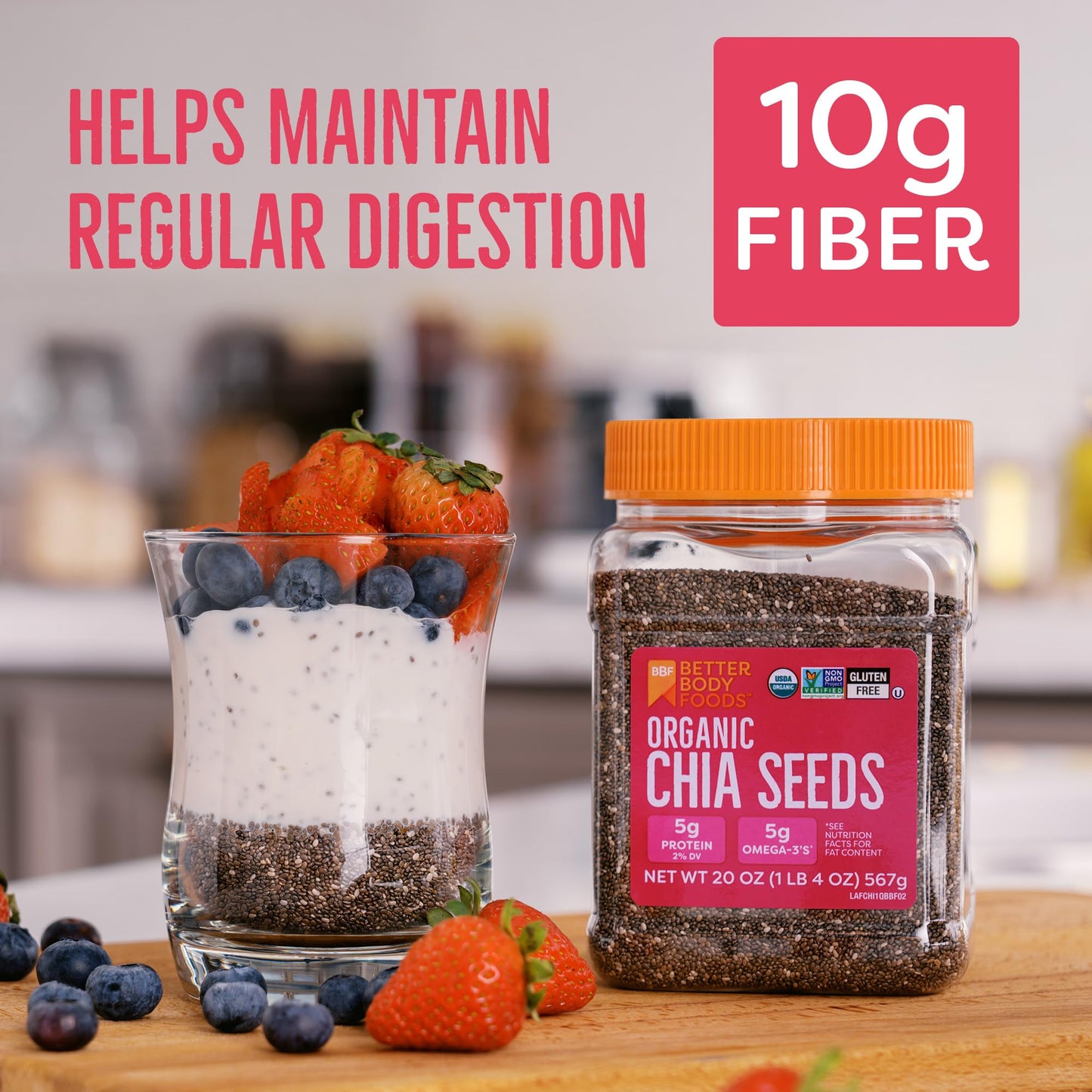 BetterBody Foods Organic Chia Seeds with Omega-3, Non-GMO, Gluten Free, Keto Diet Friendly, Vegan, Good Source of Fiber, Add to Smoothies, 1.25lb