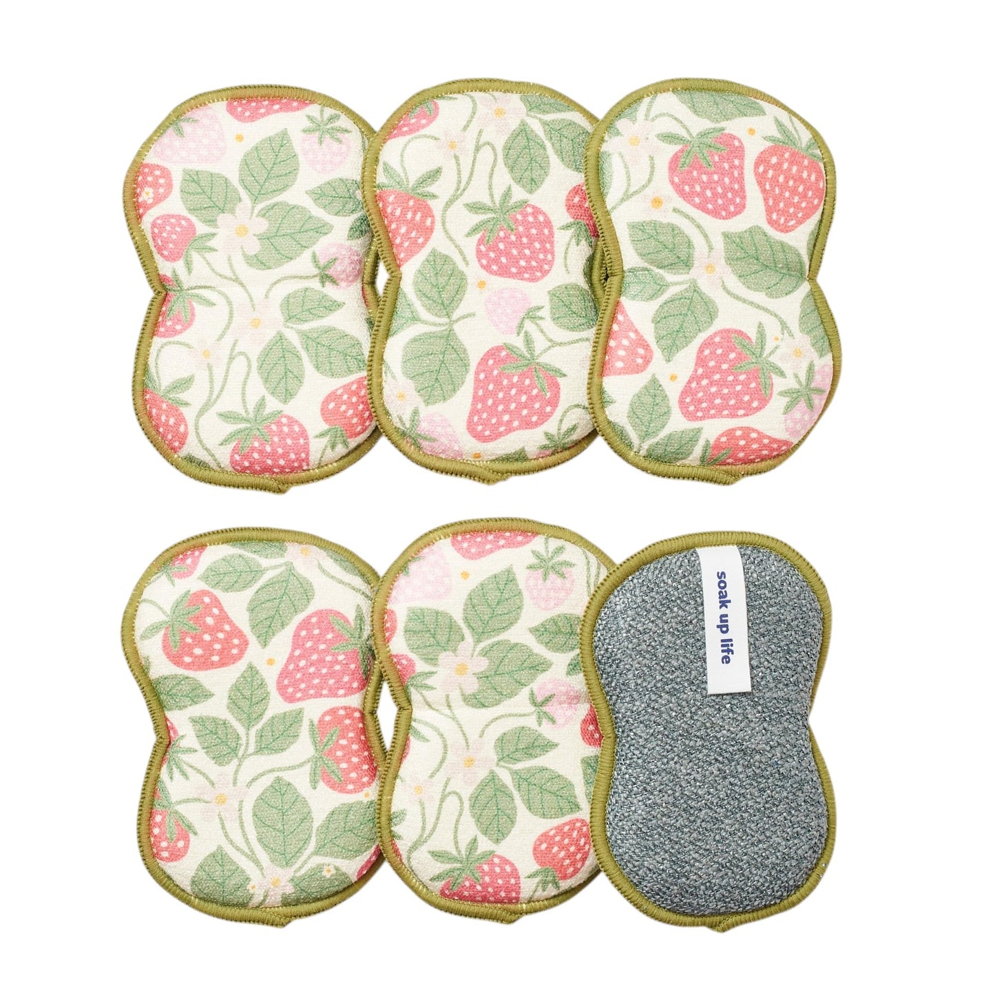 Bright Habits Sponge Set in Strawberry Farm Red, 6 Pack Super Absorbent Washable Reusable Cleaning Sponges Made from Recycled Materials, Durable Eco