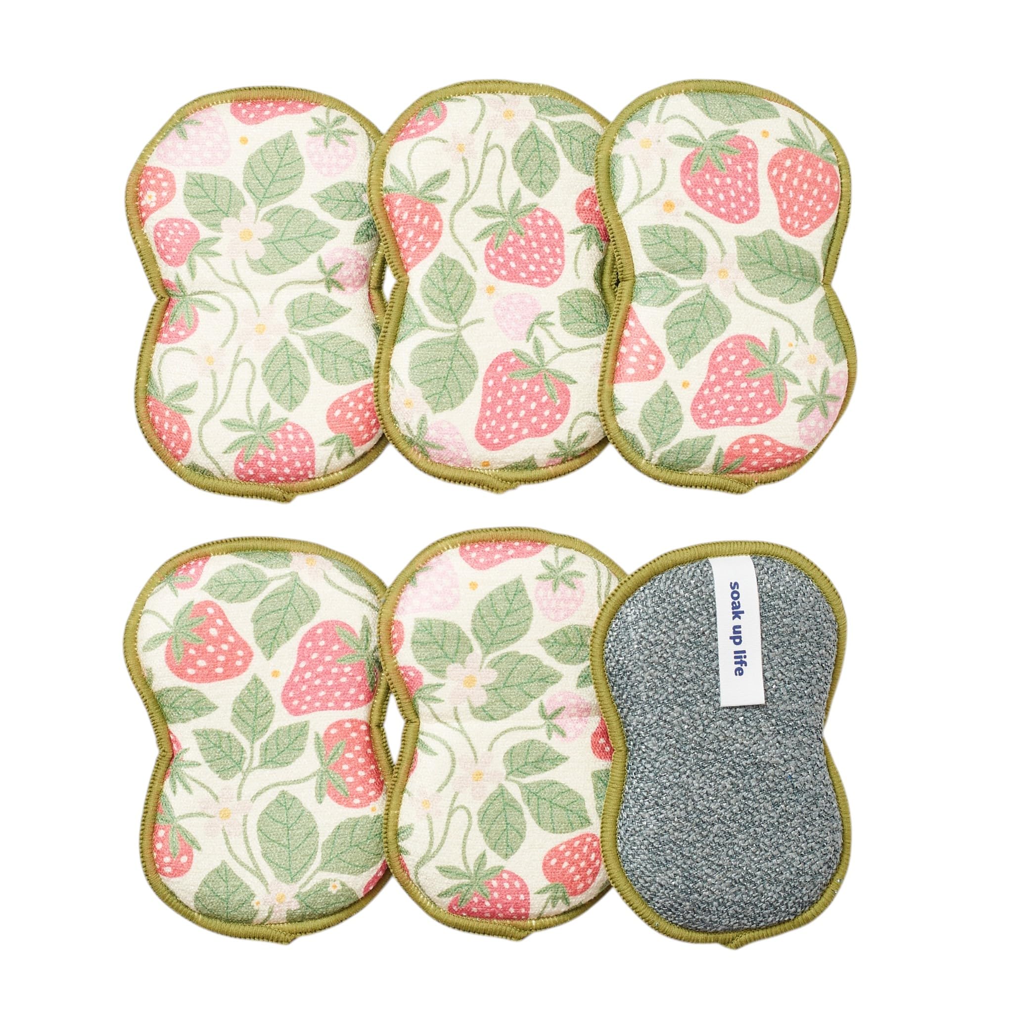 Bright Habits Sponge Set in Strawberry Farm Red, 6 Pack Super Absorbent Washable Reusable Cleaning Sponges Made from Recycled Materials, Durable Eco