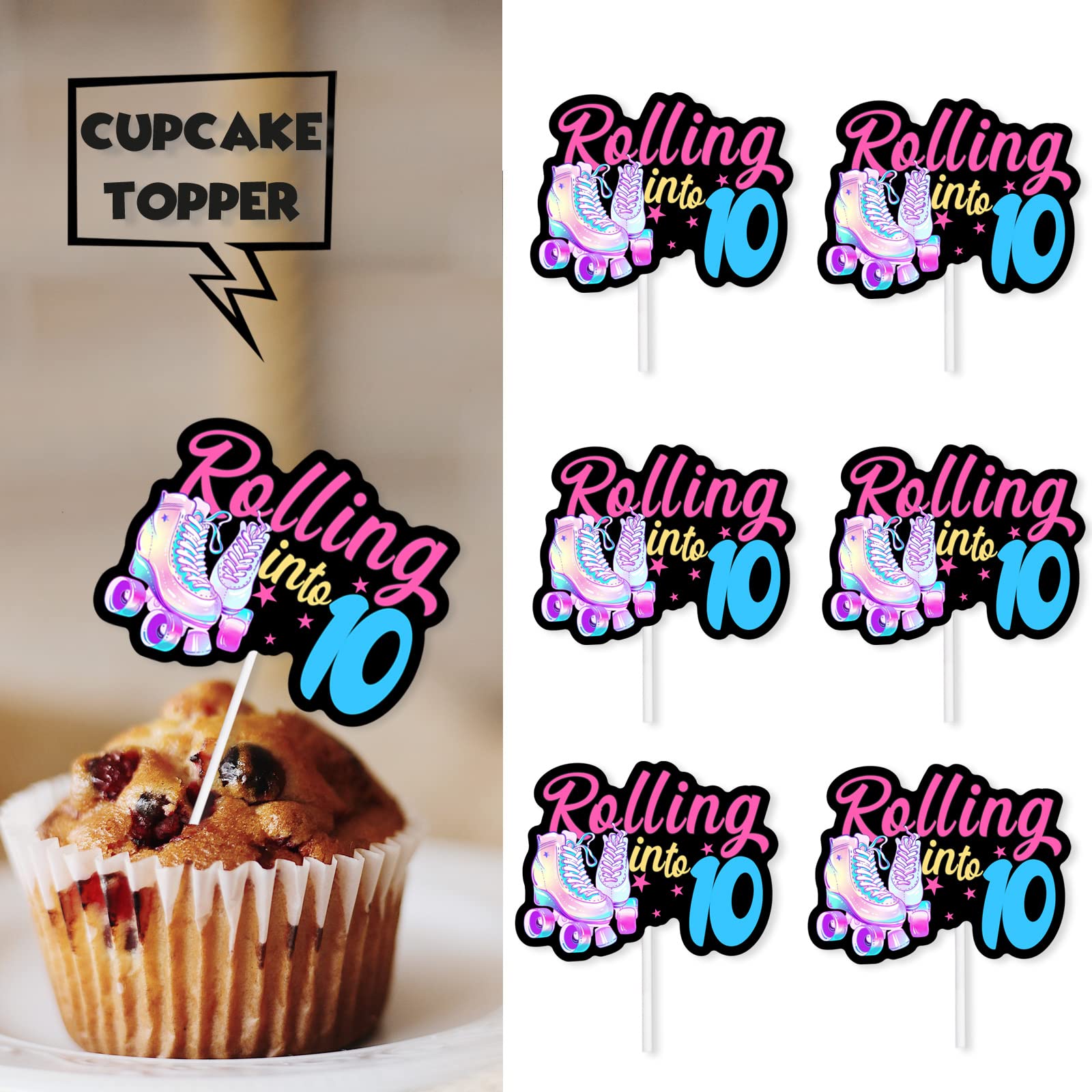 18pcs Black Glitter Pink Roller Skates Dessert Cupcake Topper 80s 90s Retro Hip Hop Roller Skating Rolling into 10 Theme Decor Supplies Boy Girl 10th